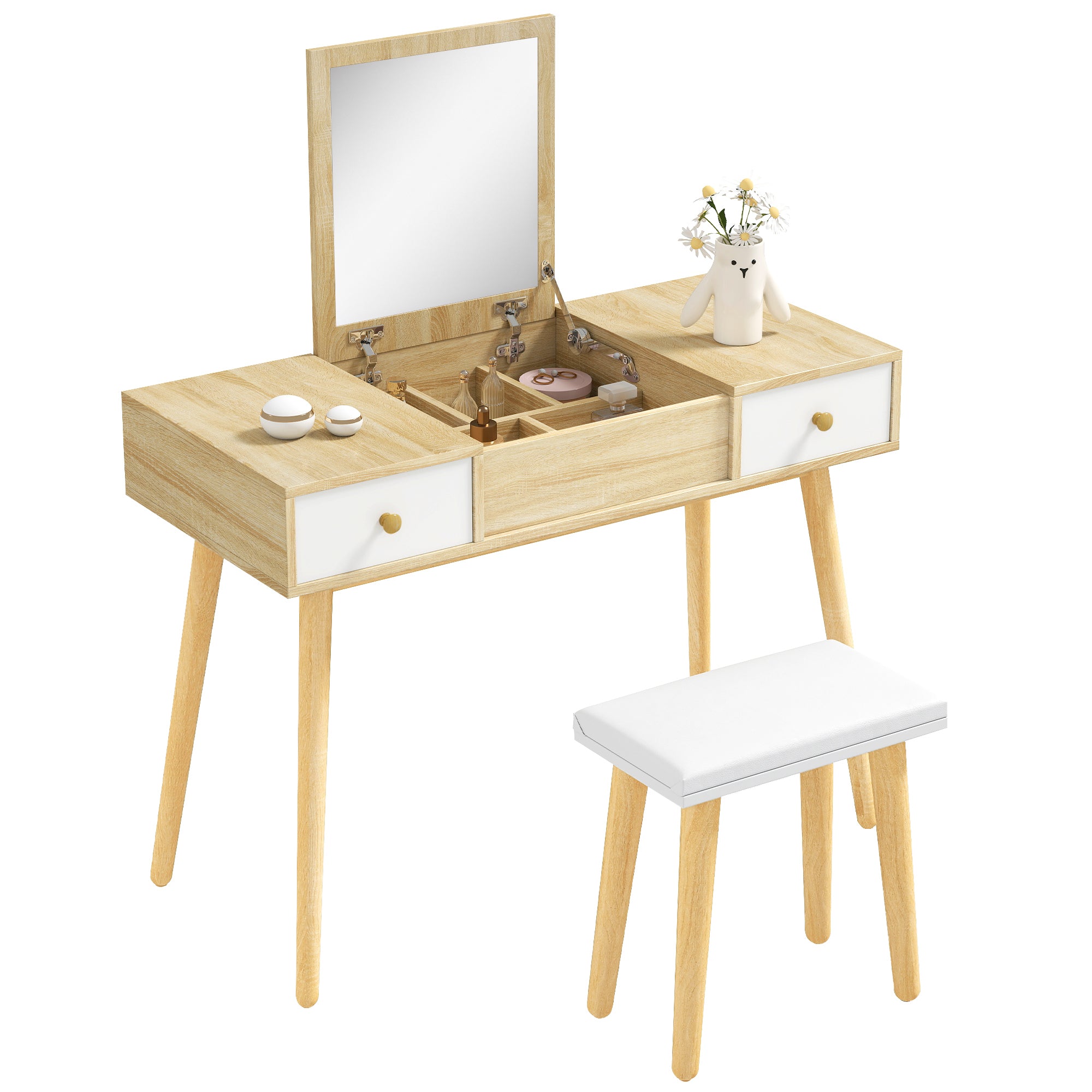 HOMCOM Schminktisch mit Hochklappspiegel – Schminktisch mit gepolstertem Stool und Stauraum – Massivholzbeine 100x45x118 cm in natürlicher Farbe