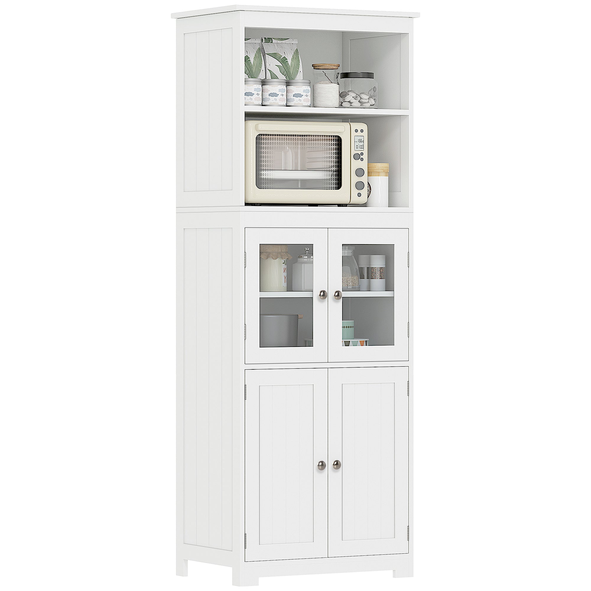 HOMCOM Køkken Pantry Buffet Skab med 4 Døre, 2 Åbne Hylder og Justerbar Hylde til Spisestue 60x30x162 cm Hvid