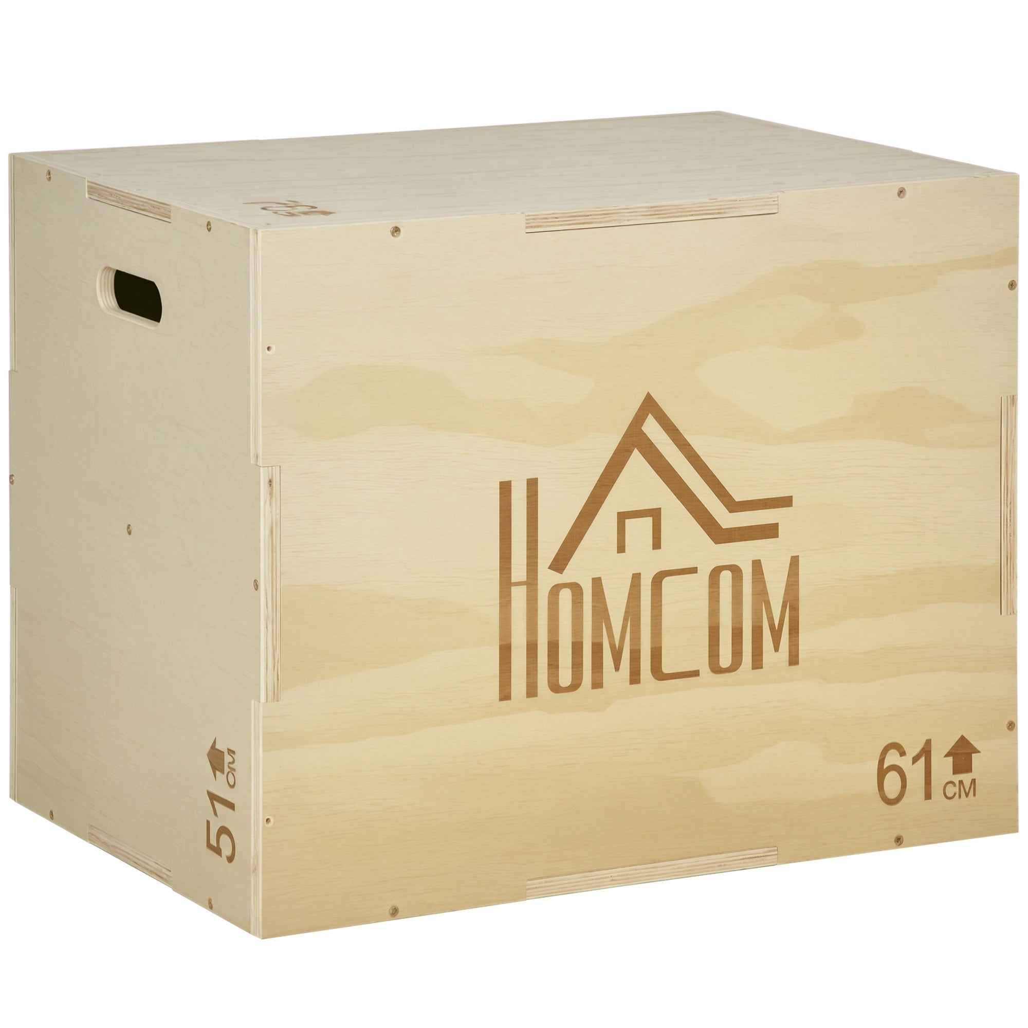 3-in-1 Wooden Plyometric Box Jump Box with 2 Hollow Handles Home Office Gym CrossFit Strength Training Load 120 kg 61x51x76 cm Natural Wood