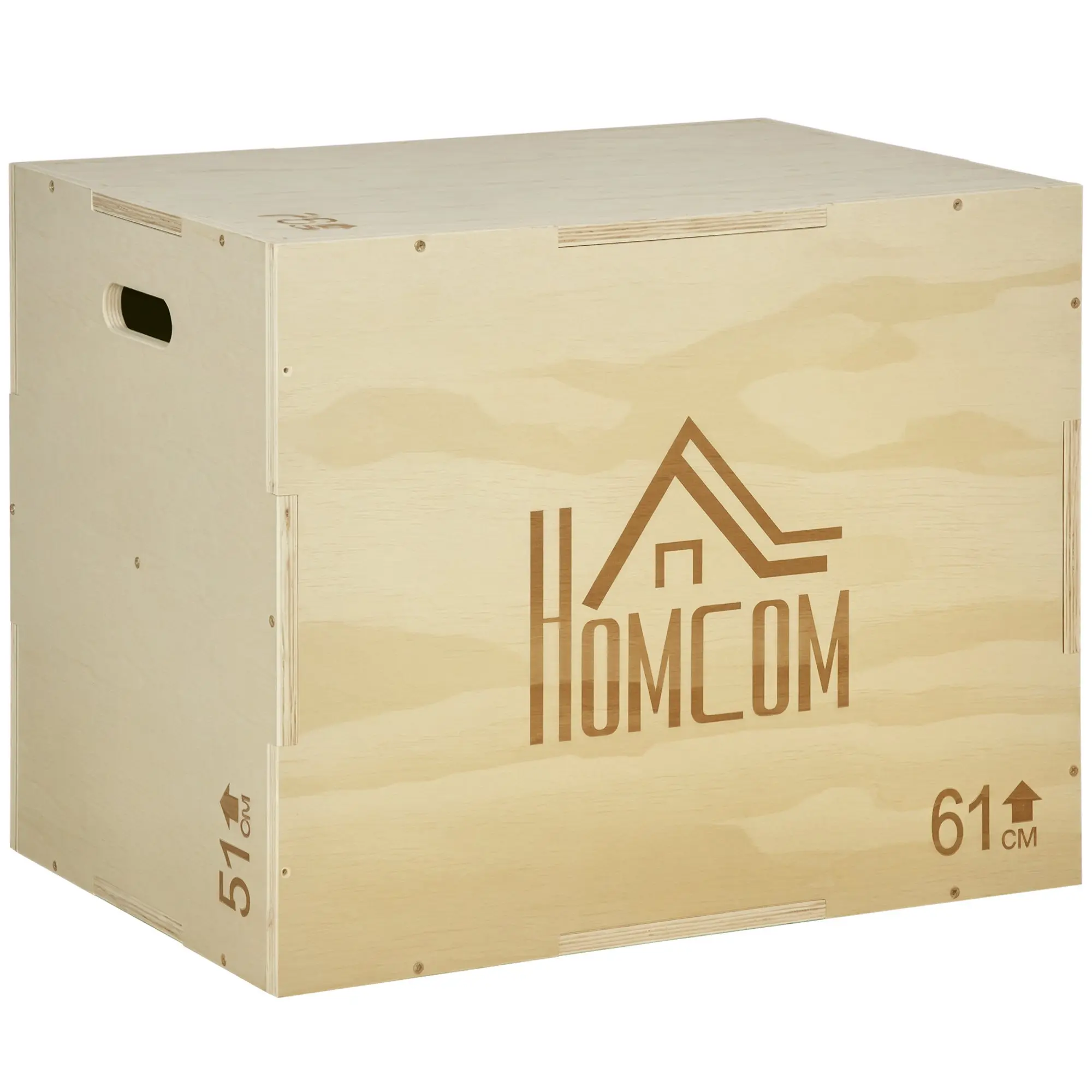 3-in-1 Wooden Plyometric Box Jump Box with 2 Hollow Handles Home Office Gym CrossFit Strength Training Load 120 kg 61x51x76 cm Natural Wood