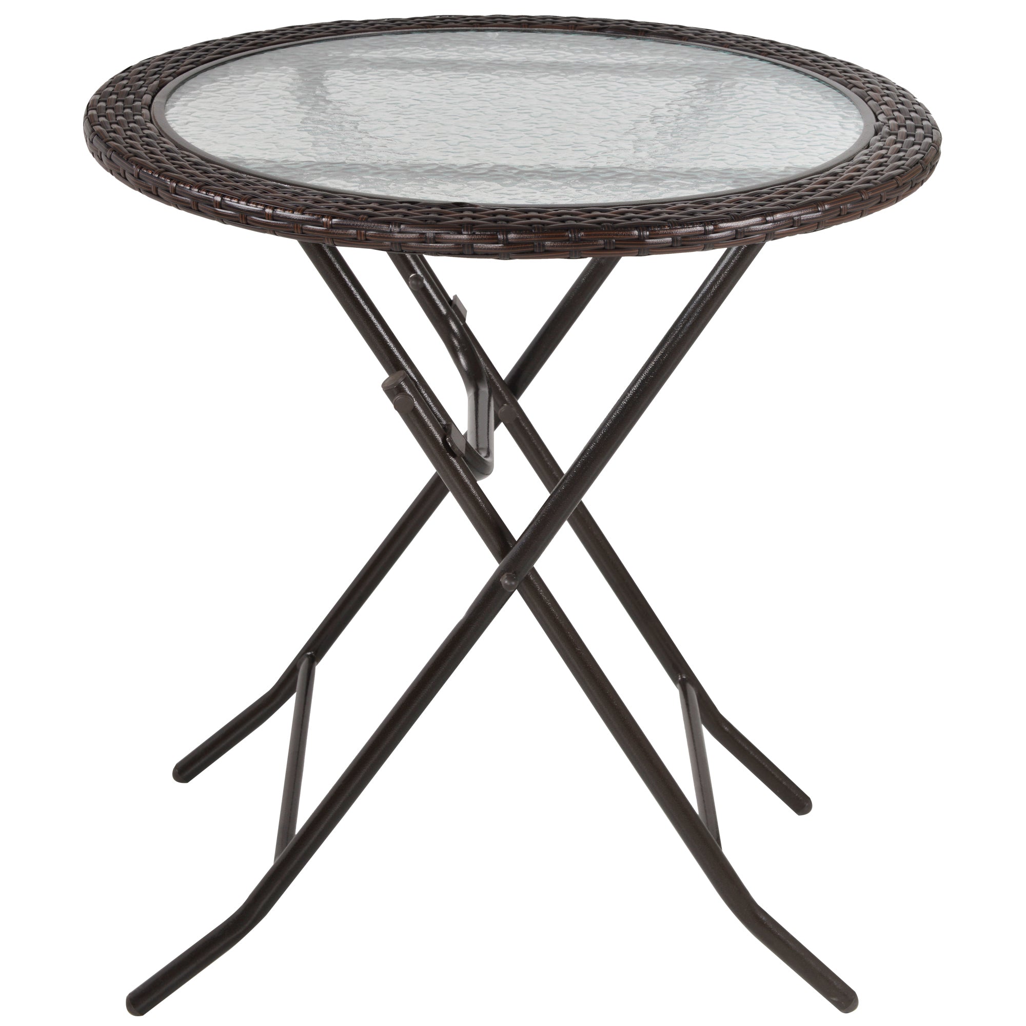 Garden Table, Round Folding Table, ?68 cm Camping Table, Side Table, Garden Dining Table with Rattan Decor, for Balcony, Terrace, Steel, Brown