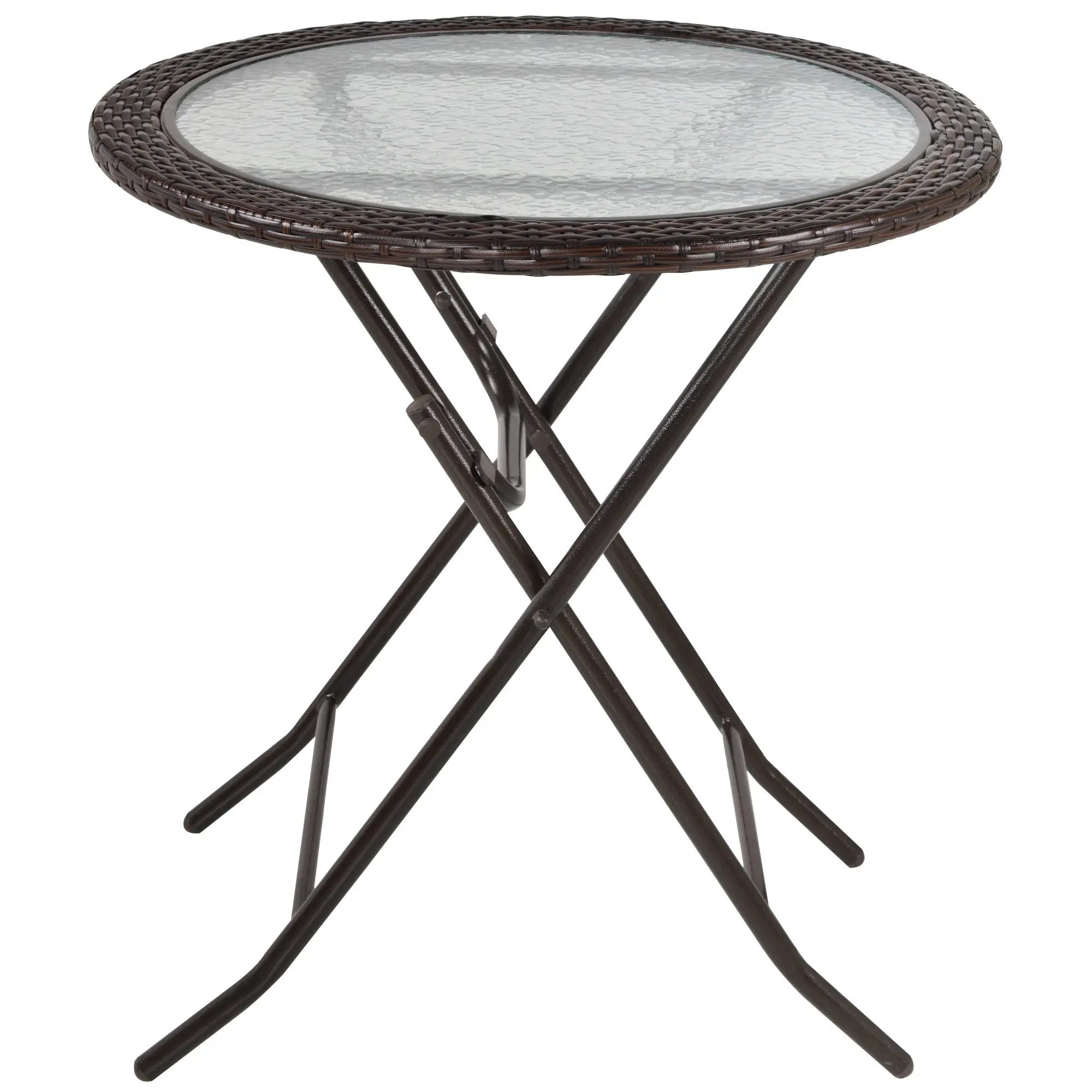 Garden Table, Round Folding Table, ?68 cm Camping Table, Side Table, Garden Dining Table with Rattan Decor, for Balcony, Terrace, Steel, Brown