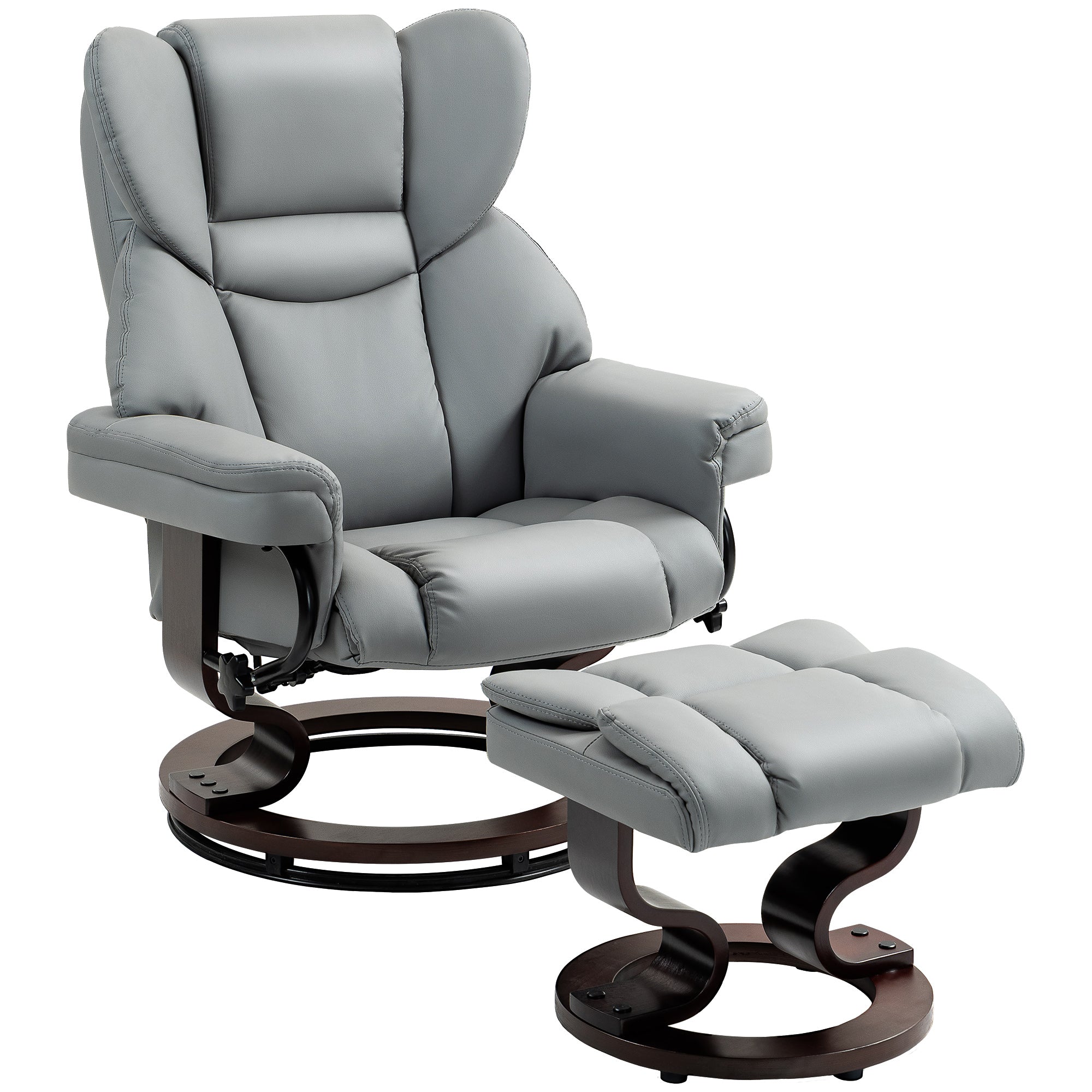 HOMCOM recliner med fotpall – 360° snurrfåtölj, 145° lutning, PU-läder, ljusgrå