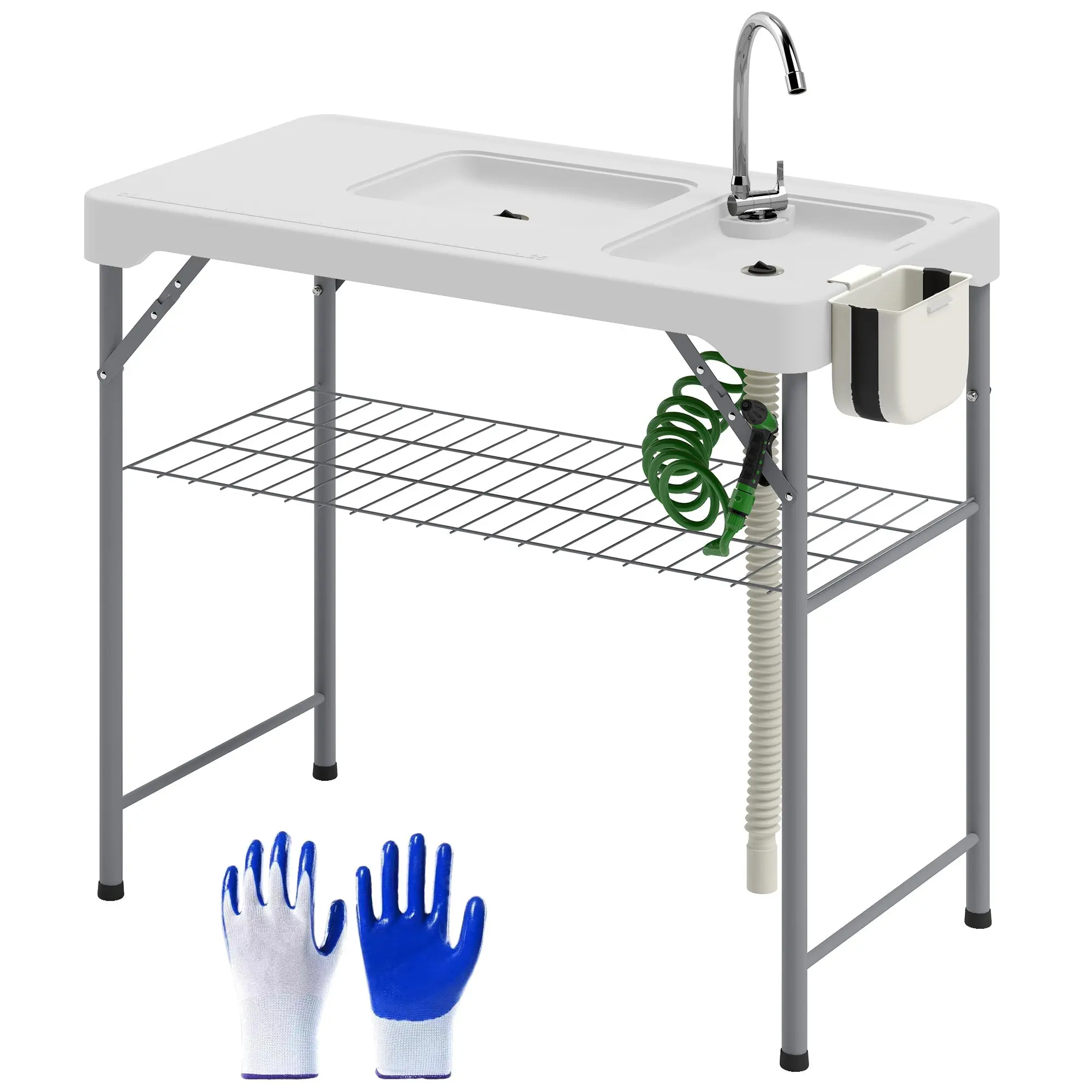 Portable Fish Cleaning Table Folding Camping Table with 2 Sinks Drainage Hose Cleaning Station and Faucet for Fishing BBQ 108x58x92 cm White