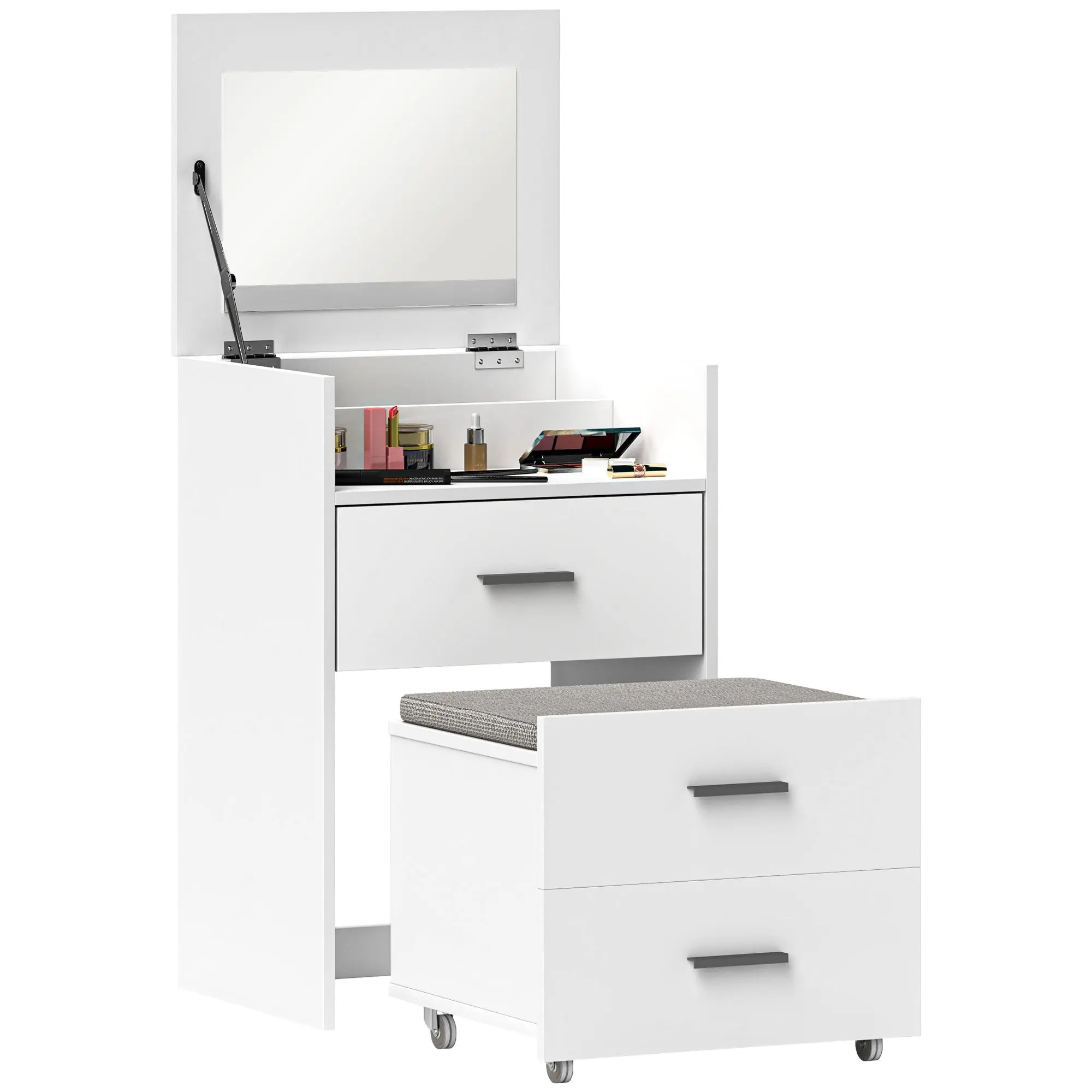 Makeup Station with Foldable Mirror, Stool with Wheels and 2 Drawers, Makeup Vanity in MDF and Stool with Removable and Washable Velvet Effect Fabric Cushion, White