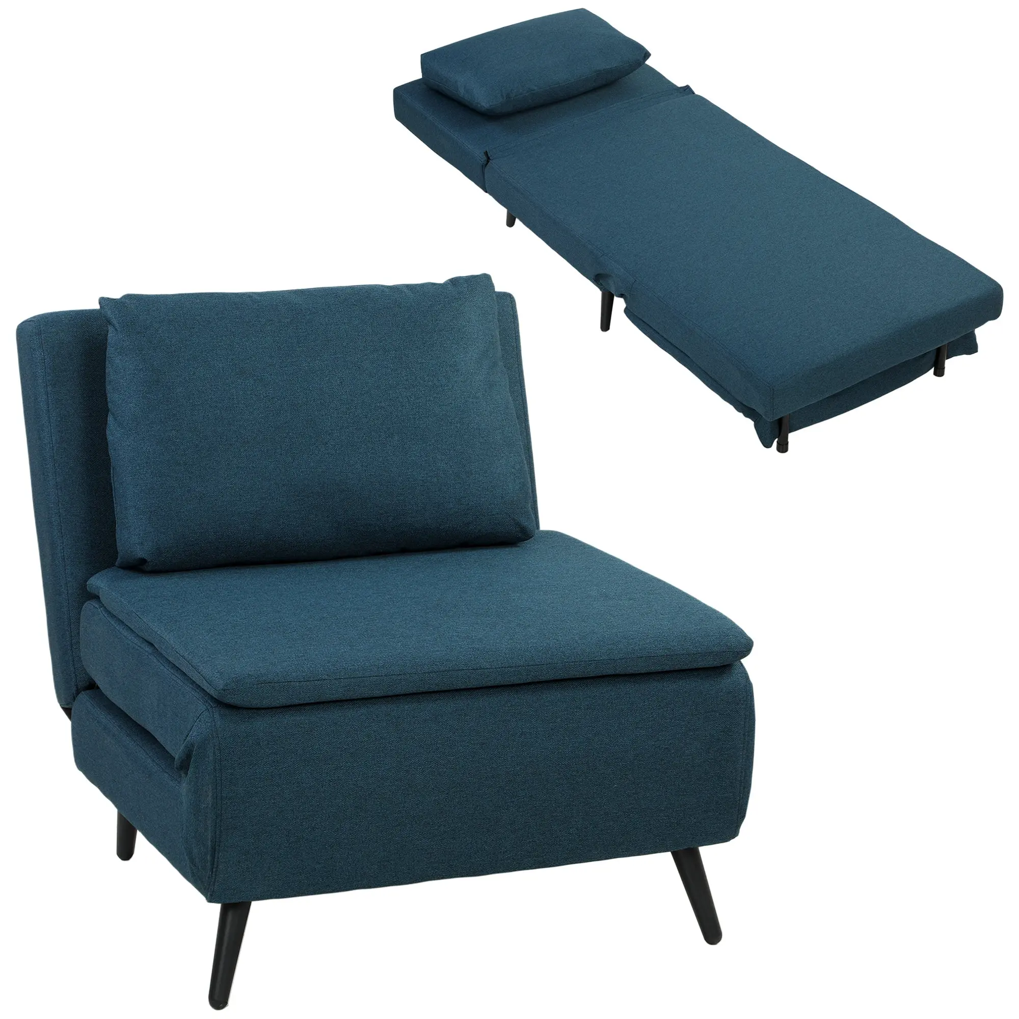 Convertible Armchair — 3-in-1 Single Click-Clack Sofa Bed with Adjustable Backrest & Pillow, Linen-Look, Blue