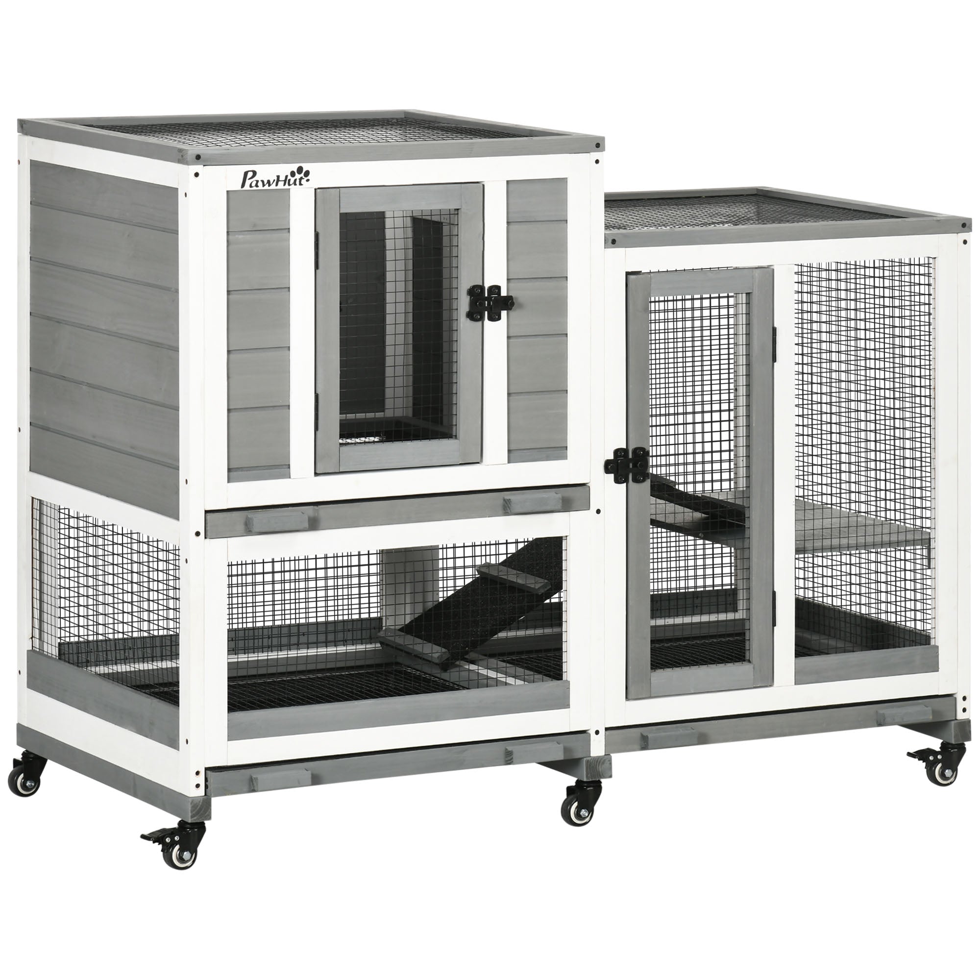 PawHut 2-Niveau Holz Kaninchenhaus mat 6 Rieder, 2 Laddereen, 3 ewechhuelbar Trays, Dieren mat Schlësser an oppener Beräich – Innencamp 110x50x86 cm Groun