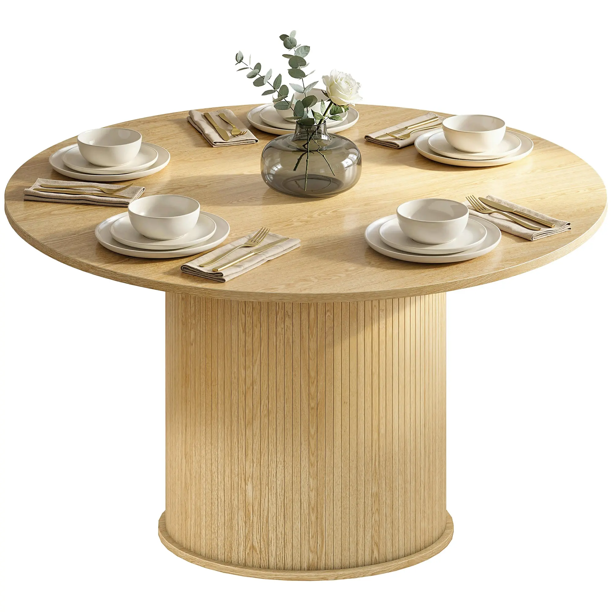 Round Dining Table for 5, Ø 47.2 in x 29.9 in (120 x 76 cm) – Modern Kitchen Table with Large Top & Fluted Pedestal, Natural Wood