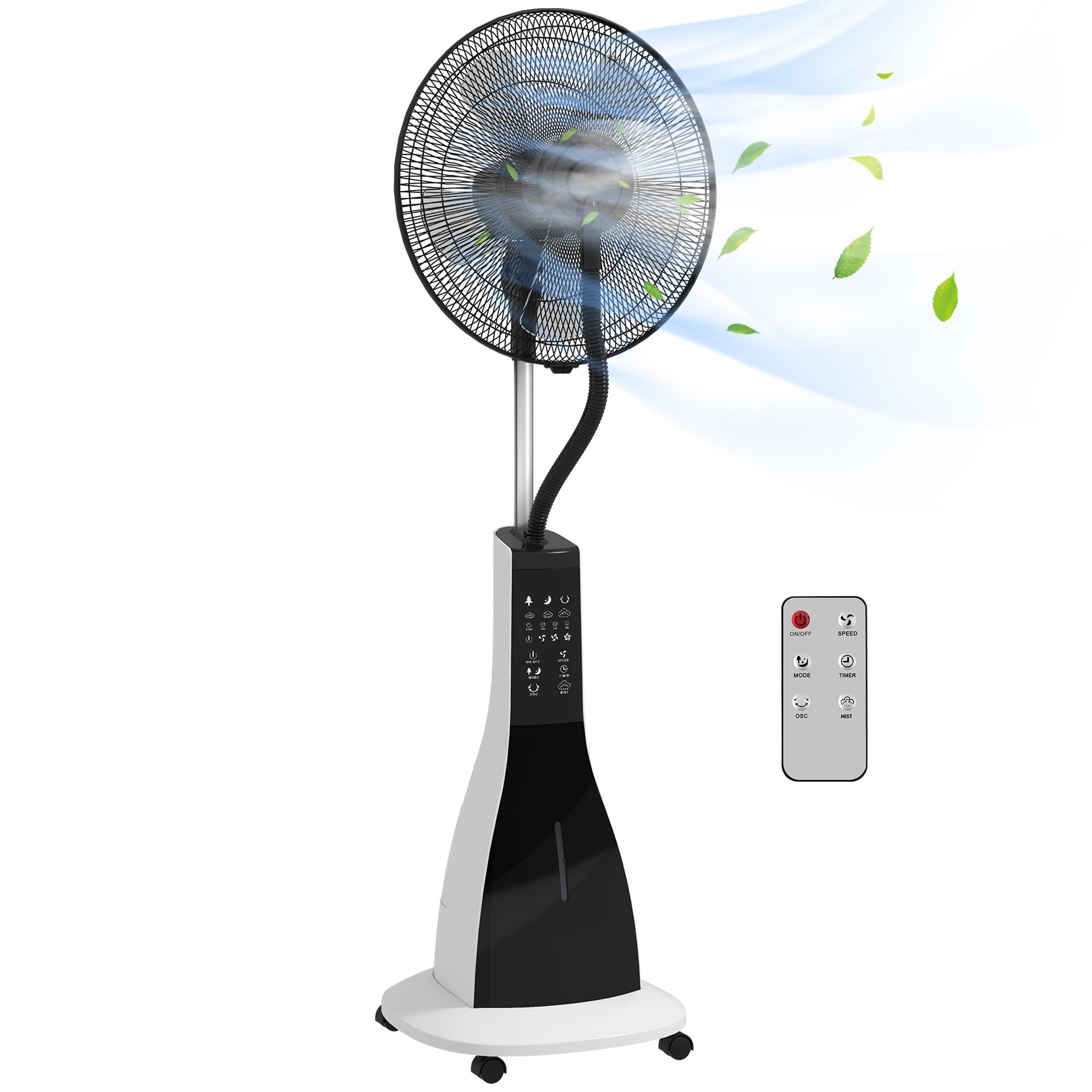 HOMCOM Nebelventilator mit Oszillation, Wasserstandventilator 90 W, Timer, 3L Tank, Fernbedienung, 3 Geschwindigkeiten, 5 Blätter, LED-Display Ø44,5 cm Schwarz und Weiß