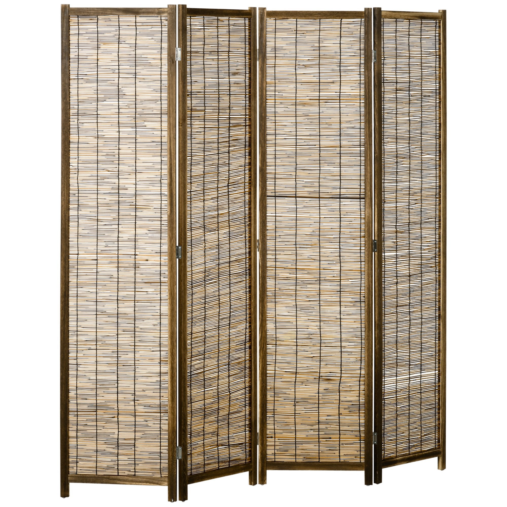 HOMCOM 4-paneler Foldebardun 160 cm x 1,8 cm x 170 cm Rustik Stil Træ og Rør Rumseparator til Kontor, Soveværelse, Stue Naturlig