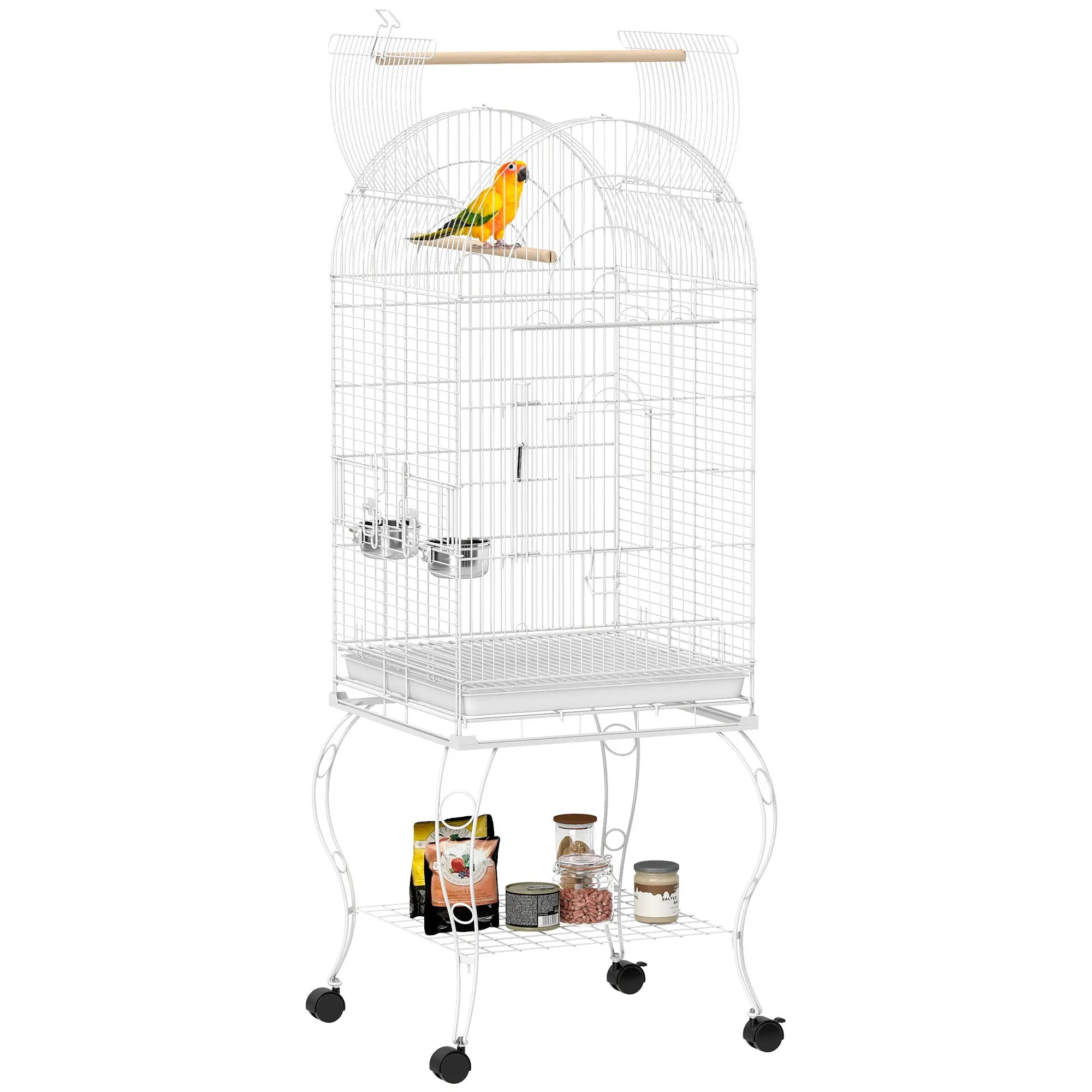 Bird Cage with Wheels and Stand, 51 x 51 x 153 cm (20.1 x 20.1 x 60.2 in) — Large Top-Opening Cage with 2 Feeders, 2 Perches, 4 Doors & Removable Tray, for Parrots & Canaries, White