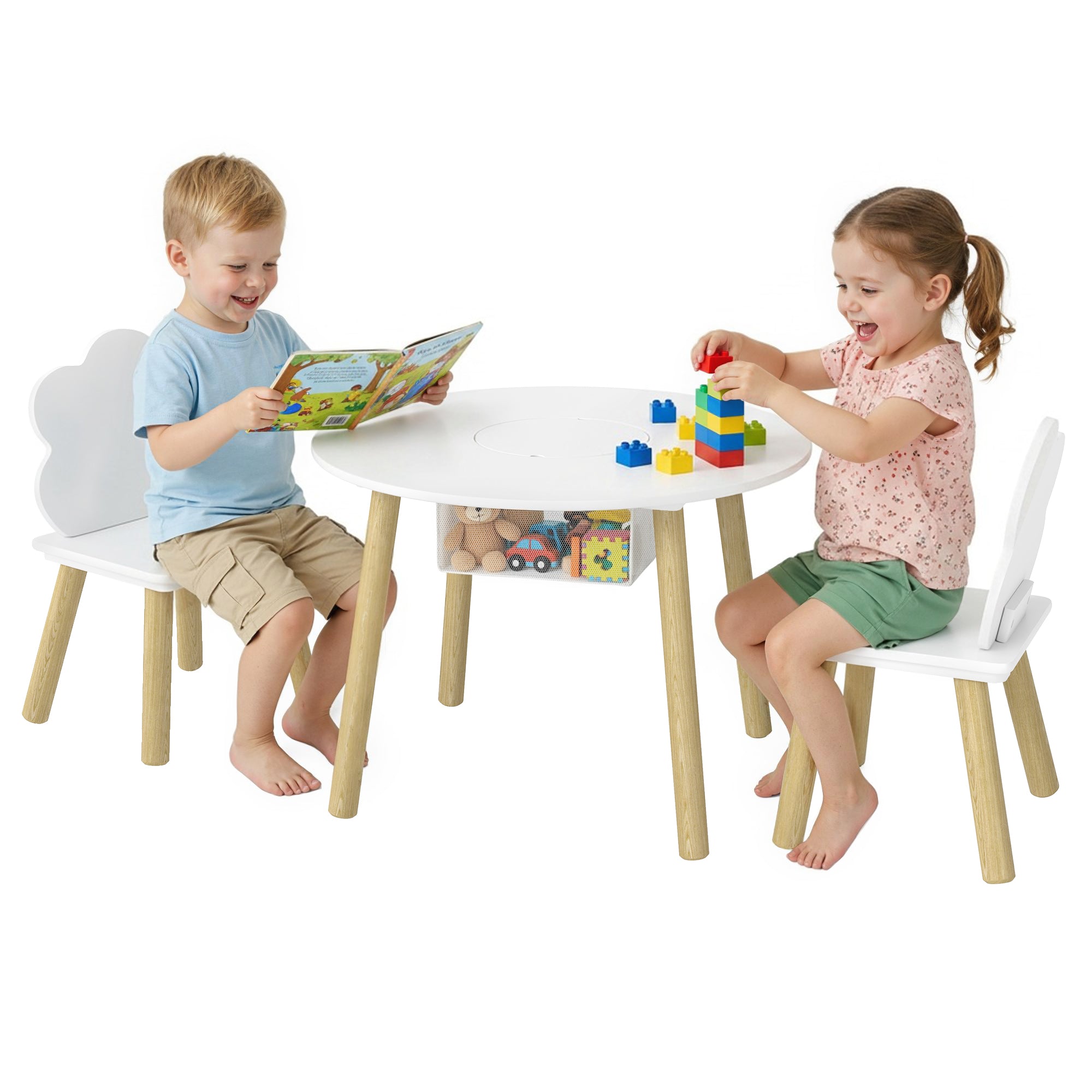 Table nuage AIYAPLAY pour enfants avec 2 chaises, ensemble en bois avec sac de rangement pour dessin, jeu, étude — Cadeau pour 3–6 ans, salle de jeux, chambre d'enfant, blanc