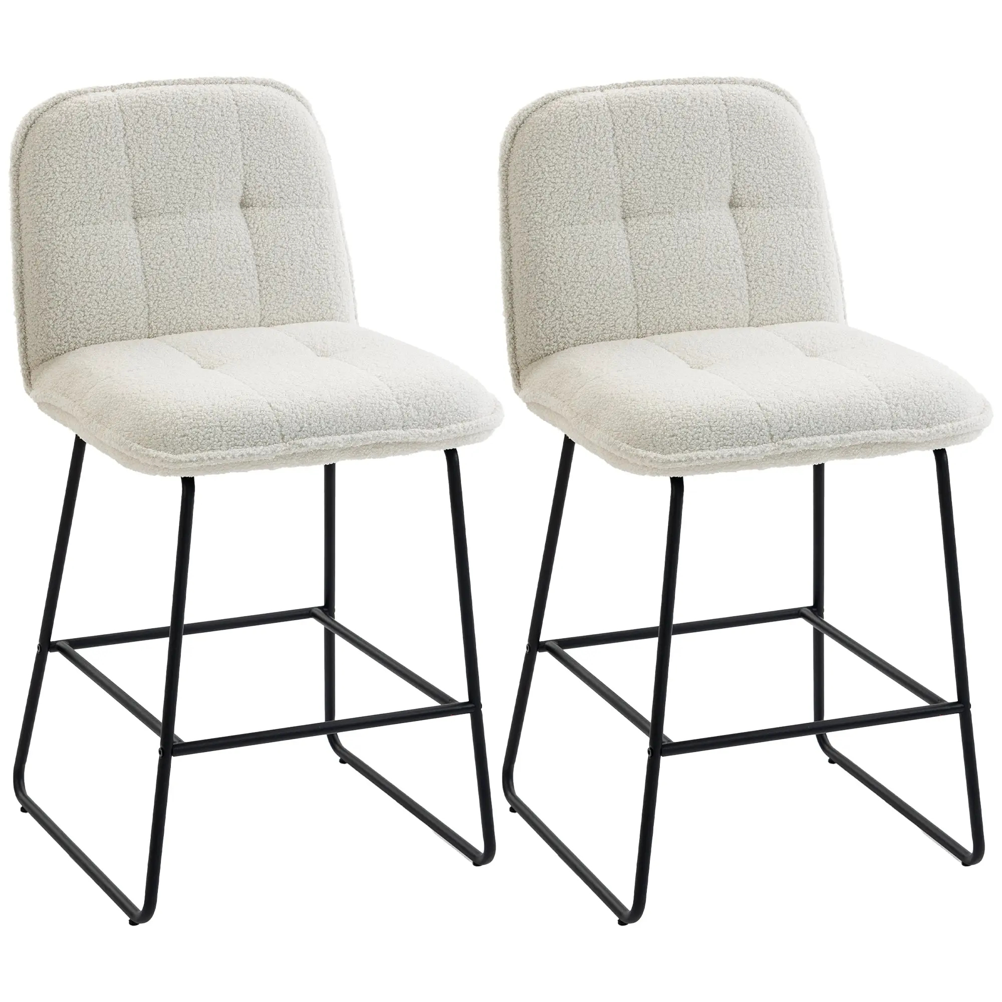 Set of 2 Bouclé Padded Bar Stools — Extra-Wide Seat 20 x 17 in, 26 in Seat Height, Metal Frame, Cream