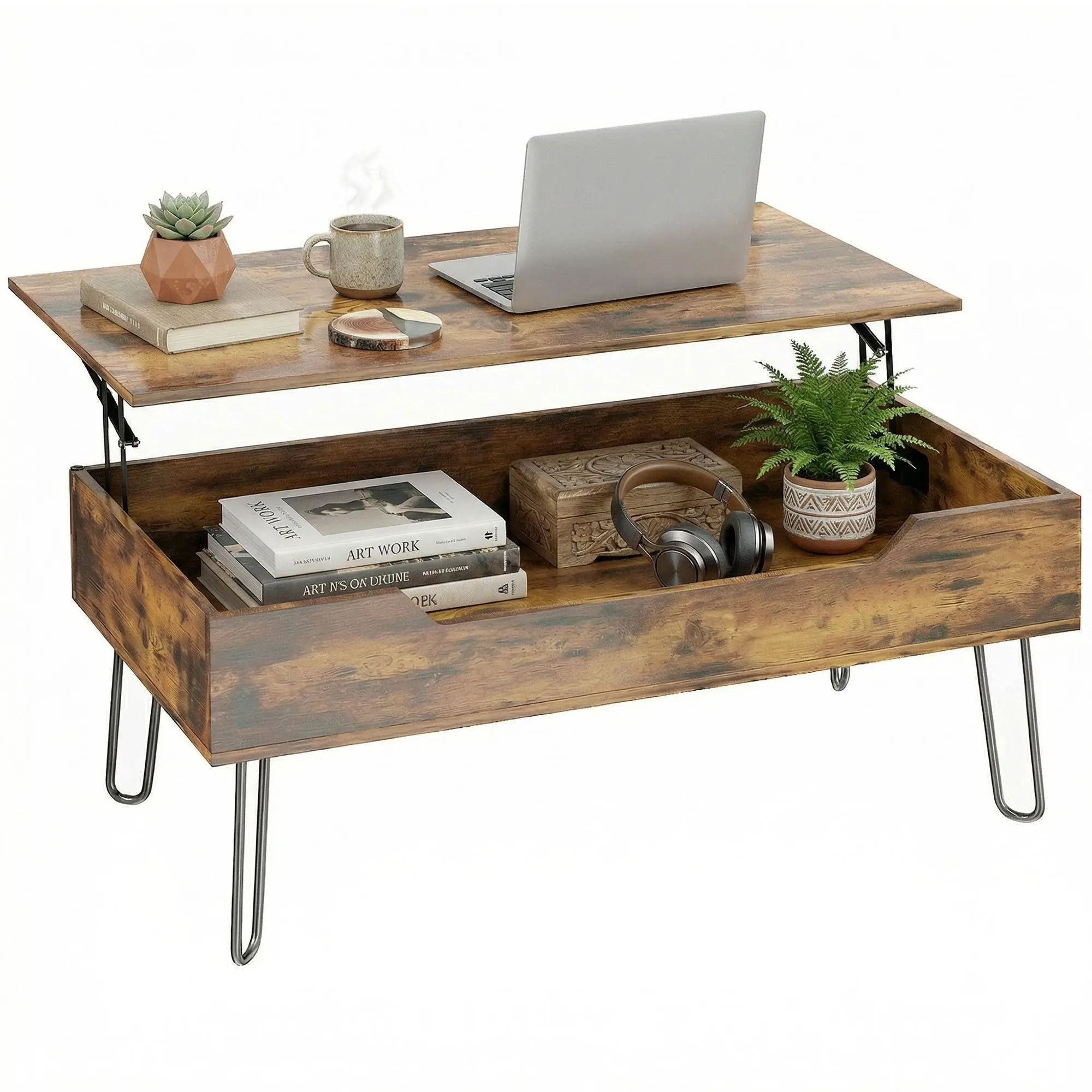 Lift-Top Rectangular Coffee Table with Large Hidden Storage, Adjustable Height, Industrial Metal Legs — Rustic Brown