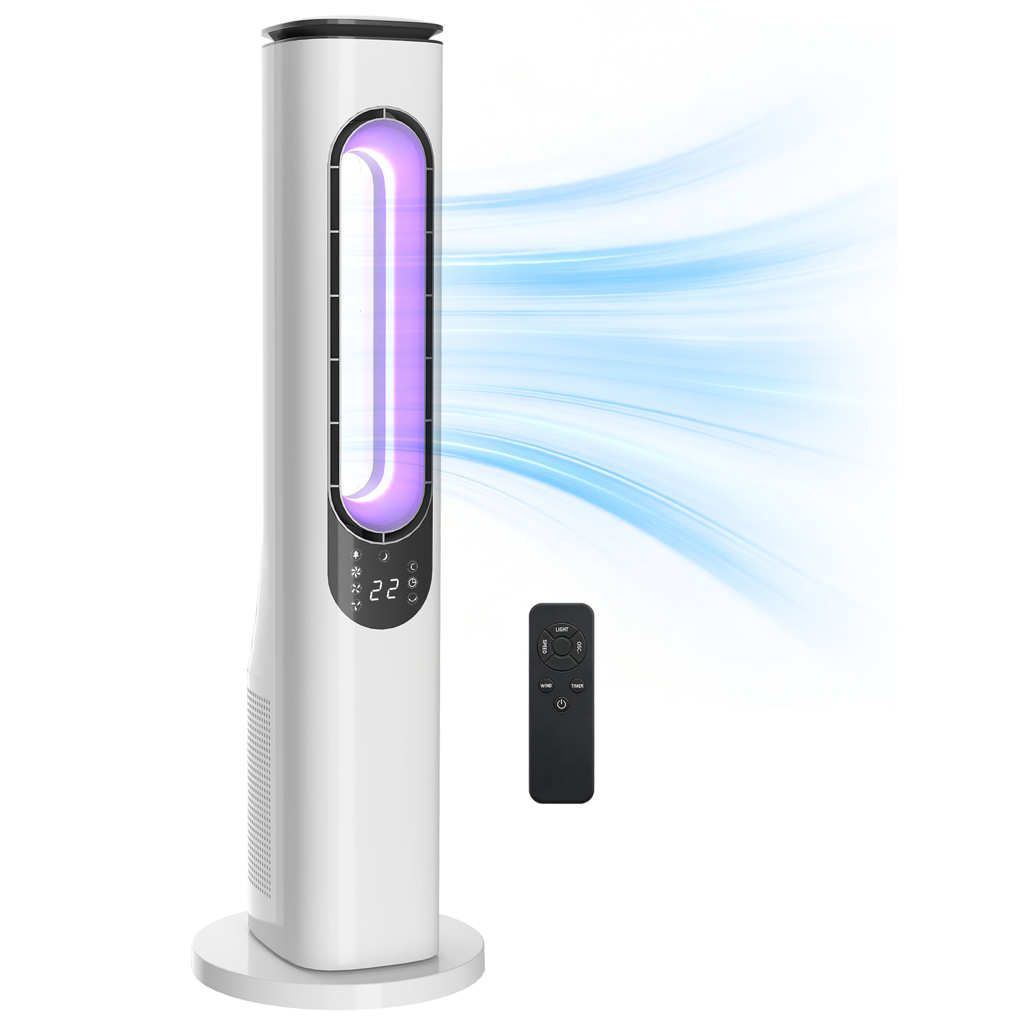 HOMCOM Turmventilator ohne Flügel – ultraleise 35 dB, Fernbedienung, LED-Display, 3 Stufen, 15 Std. Timer, 50° Oszillation – Weiß