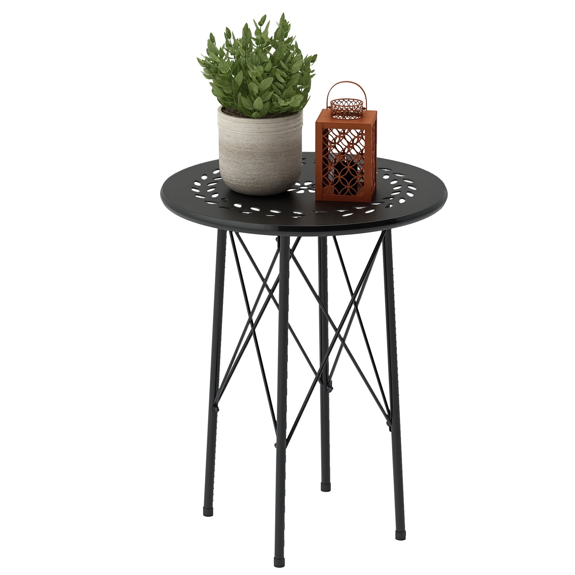 Garden Table ?40 x 50cm, Weatherproof Steel Patio Table with Flower Design Protective Feet, Round Dining Table Outdoor, Camping Table Patio Table for Garden Terrace Balcony Black