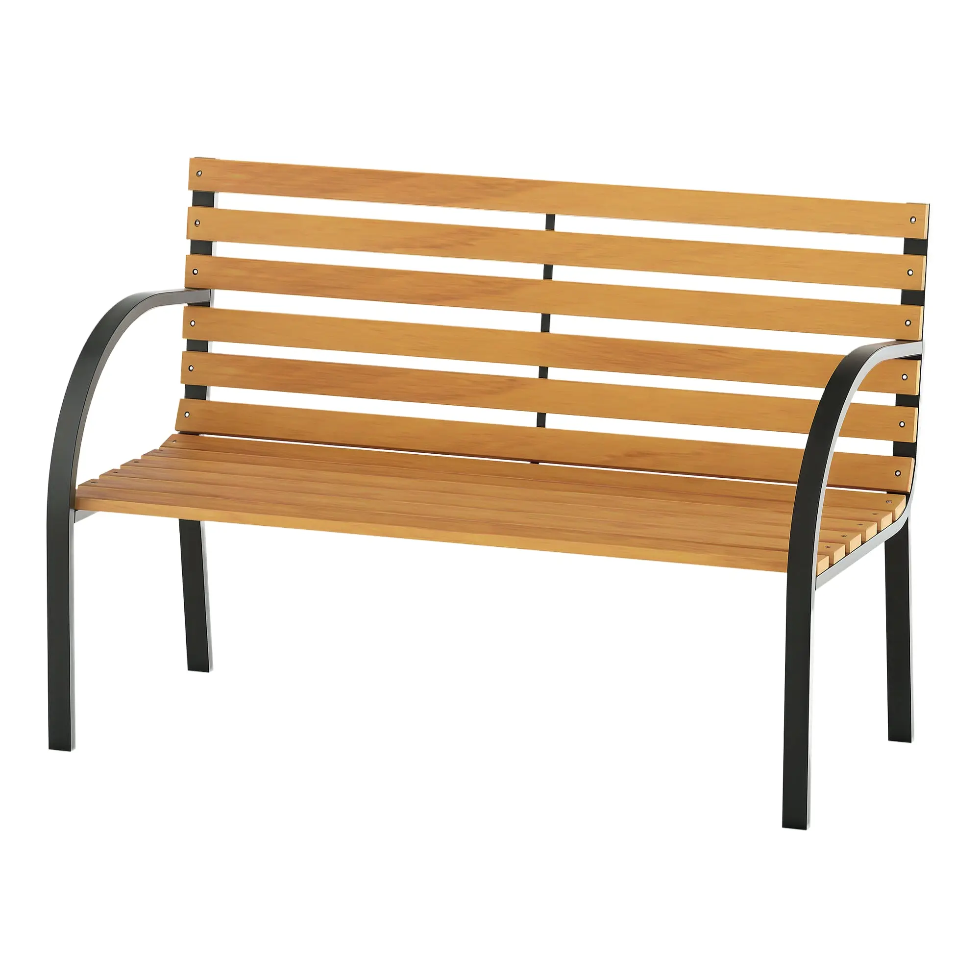 2-Seater Wooden Garden Bench 122x60x83 cm with Backrest and Armrests Slats and Steel Frame Load 220 kg Natural and Black Color