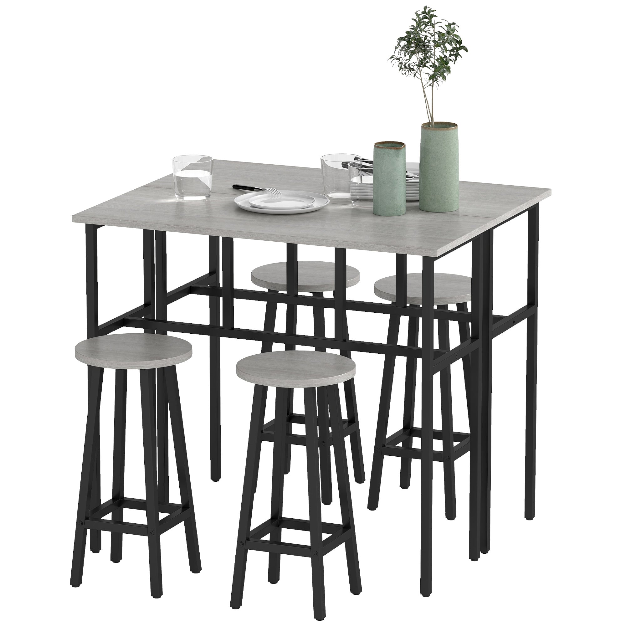 HOMCOM 6-Delige Eetset - 2 Bistro Tafels met 4 Barkrukken - Eetgroep in Industriële Stijl voor Woonkamer en Eetkamer - Spaanplaat en Staal Grijs+Zwart
