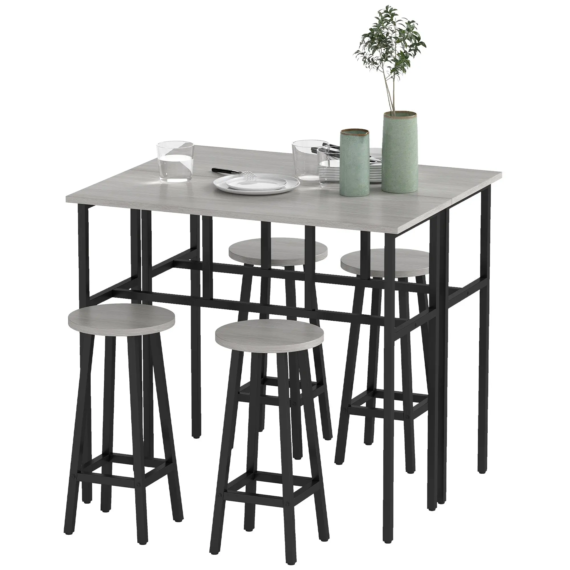 6-Piece Dining Set 2 Bistro Tables with 4 Chairs Stools Bar Table Set Dining Group Seating Set in Industrial Design Bar Stool Set for Living Room Dining Room Chipboard Steel Gray+Black