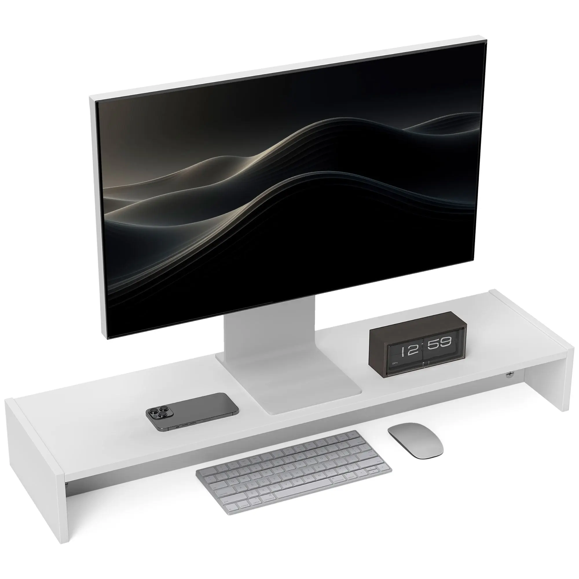 PC Monitor Stand with 2 Storage Compartments, Desktop Monitor Stand in Wood, for Laptop and Computer, Holds Up to 16kg, 100x27x15 cm, White