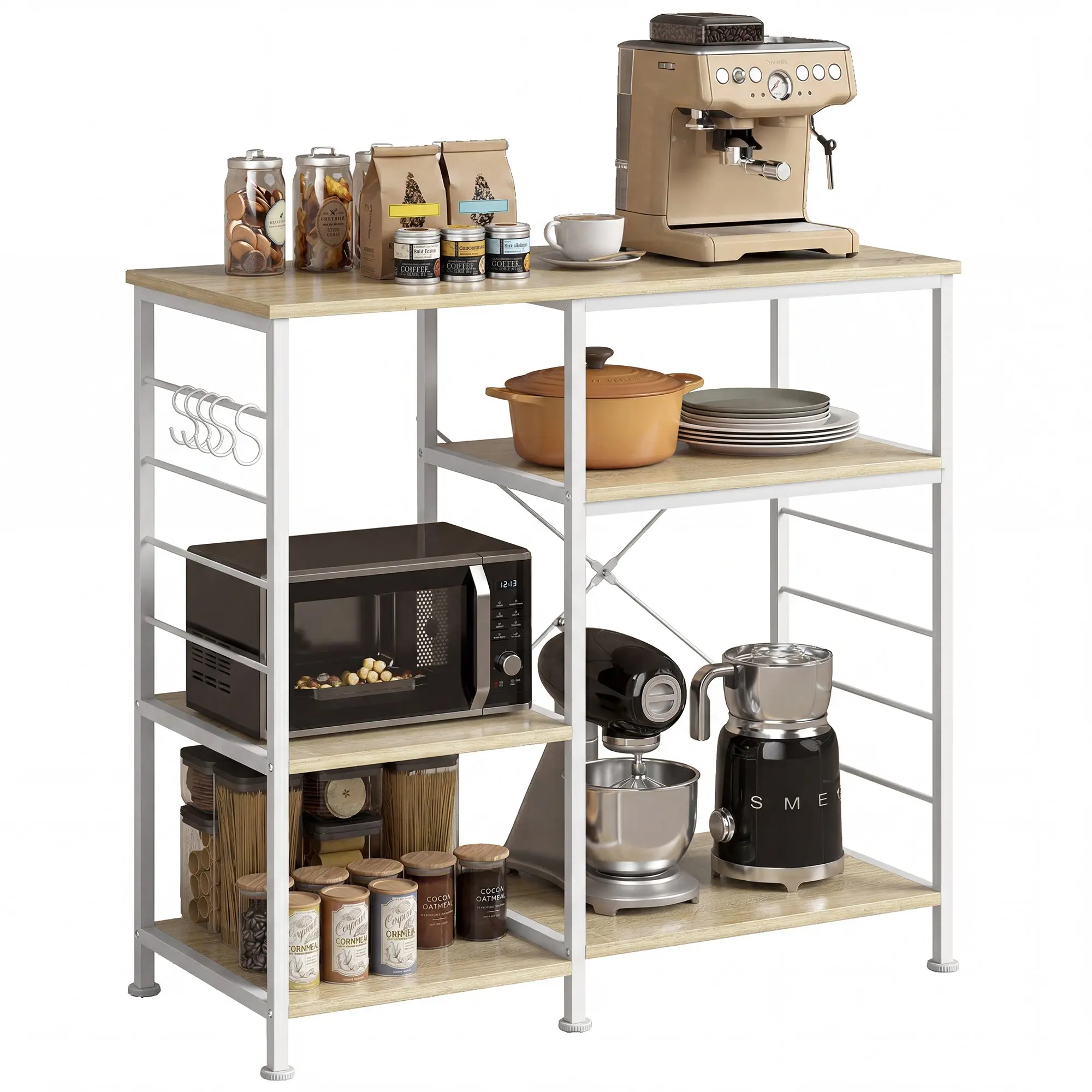 Kitchen Shelf with Shelves, Space-Saving Wood and Metal Storage Rack with 5 S-Hooks and Adjustable Feet for Spices, Pots and Pans, 35.4 x 15.4 x 32.9 in, Oak
