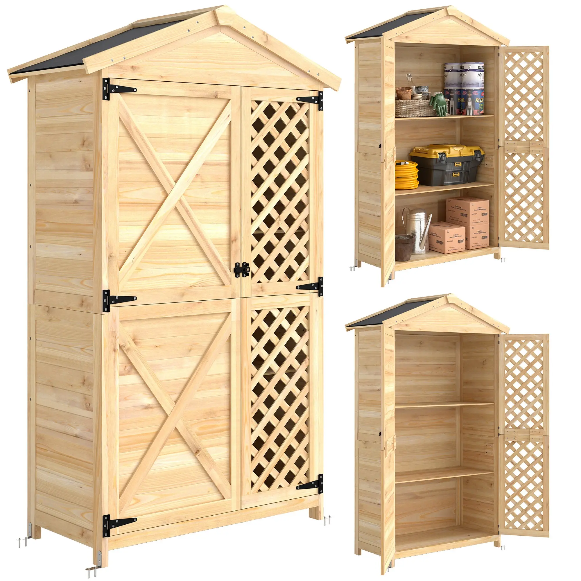 Fir Wood Garden Cabinet with Ventilated Doors & Removable Shelves, Waterproof Asphalt Roof, 101.5x49x176 cm (40x19.3x69.3 in) — Wood Finish