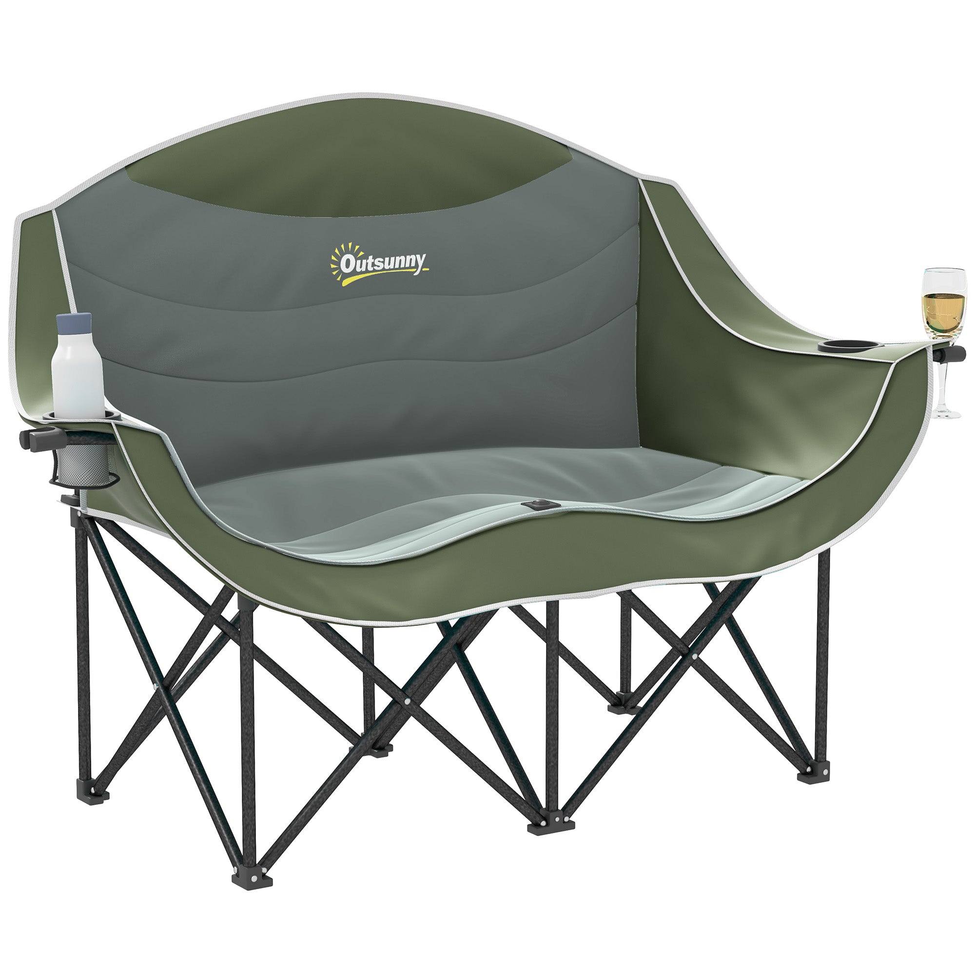 Outsunny Klapp-Campingstuhl für 2 Personen mit Getränkehaltern und Tragetasche – Gepolsterte Doppel-Sitzfläche, leicht, belastbar bis 250 kg