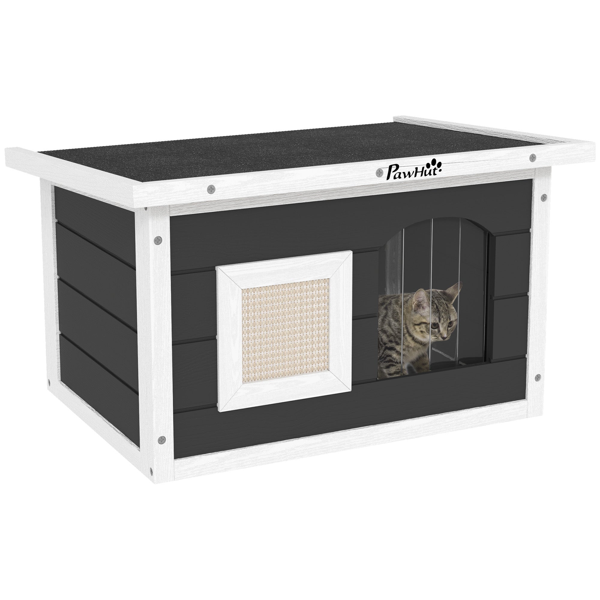 Maison en Bois pour Chat PawHut, Refugé Étanche avec Toit en Bardeau Pliable, Tapis à Griffer, Fond Amovible, Tente pour Chat en Extérieur 61x45x36,5 cm, Gris
