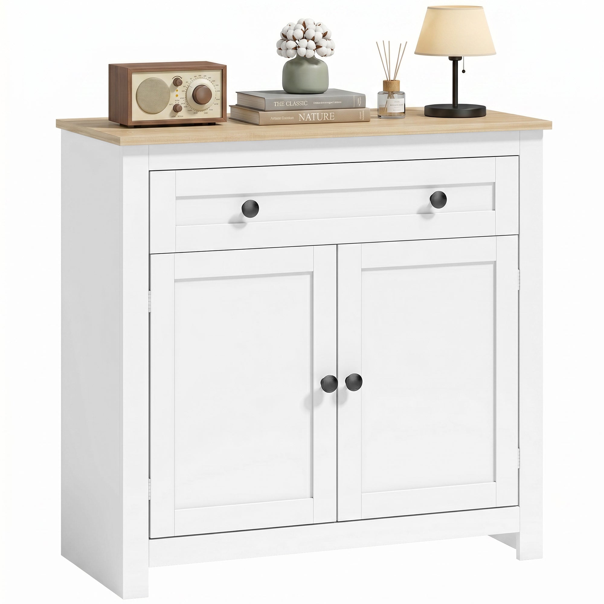 HOMCOM Sideboard fir d'Kichen mat Schublad, Duebeldier an verstellbarem Regal, Wäiss/Eichenoptik — 78,5 x 35 x 80 cm
