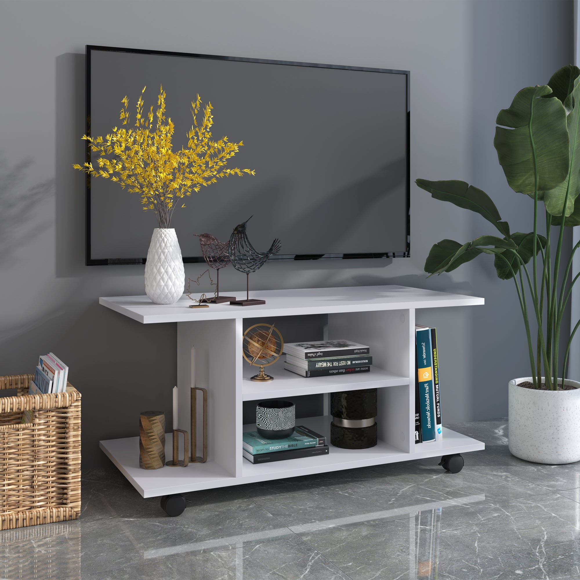 TV Stand with Swivel Wheels, Wooden TV Bench with Shelves, TV Stand for TVs up to 42 inches, Contemporary Style for Living Room, Bedroom, and Office, 80 x 40 x 40 cm, White