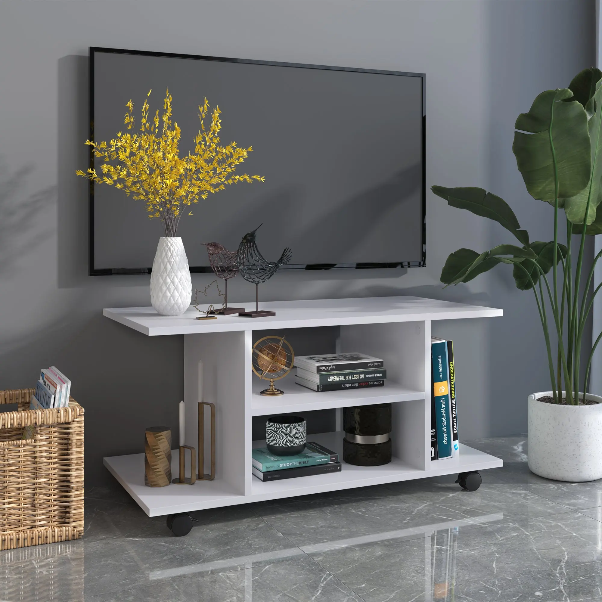 TV Stand with Swivel Wheels, Wooden TV Bench with Shelves, TV Stand for TVs up to 42 inches, Contemporary Style for Living Room, Bedroom, and Office, 80 x 40 x 40 cm, White