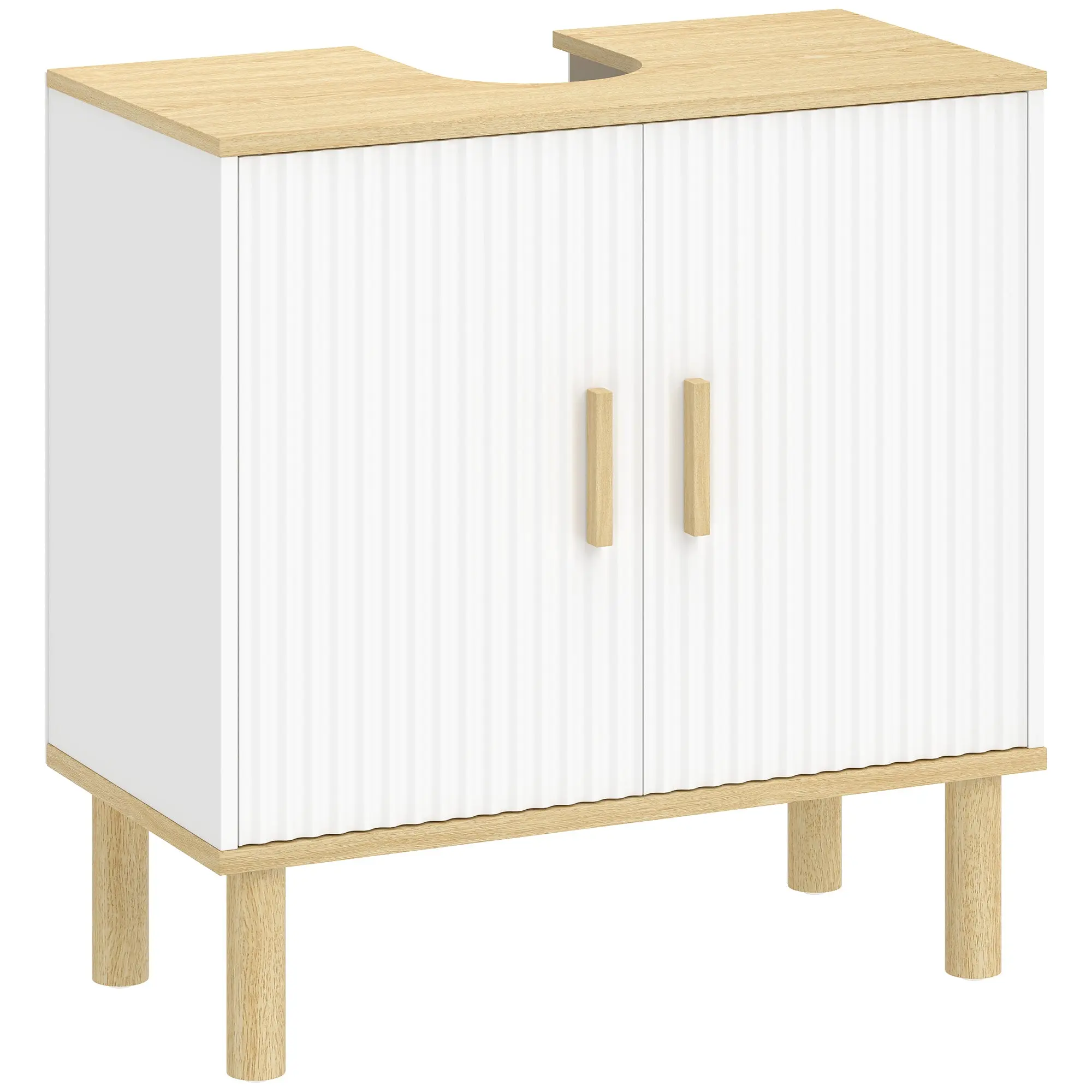 Under-Sink Bathroom Cabinet — Adjustable Shelf, Grooved Doors & Wood Legs, 60×30×61 cm (23.6×11.8×24 in) — White