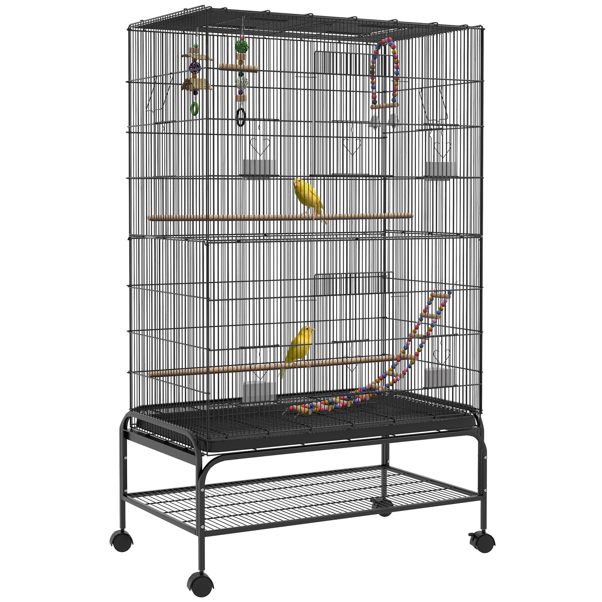 Large Bird Cage Aviary with Wheels, Budgie Canary Cage with Open Top, Perches, Toys, Food Cups, Storage Shelf and Removable Tray, 97 x 58 x 160 cm