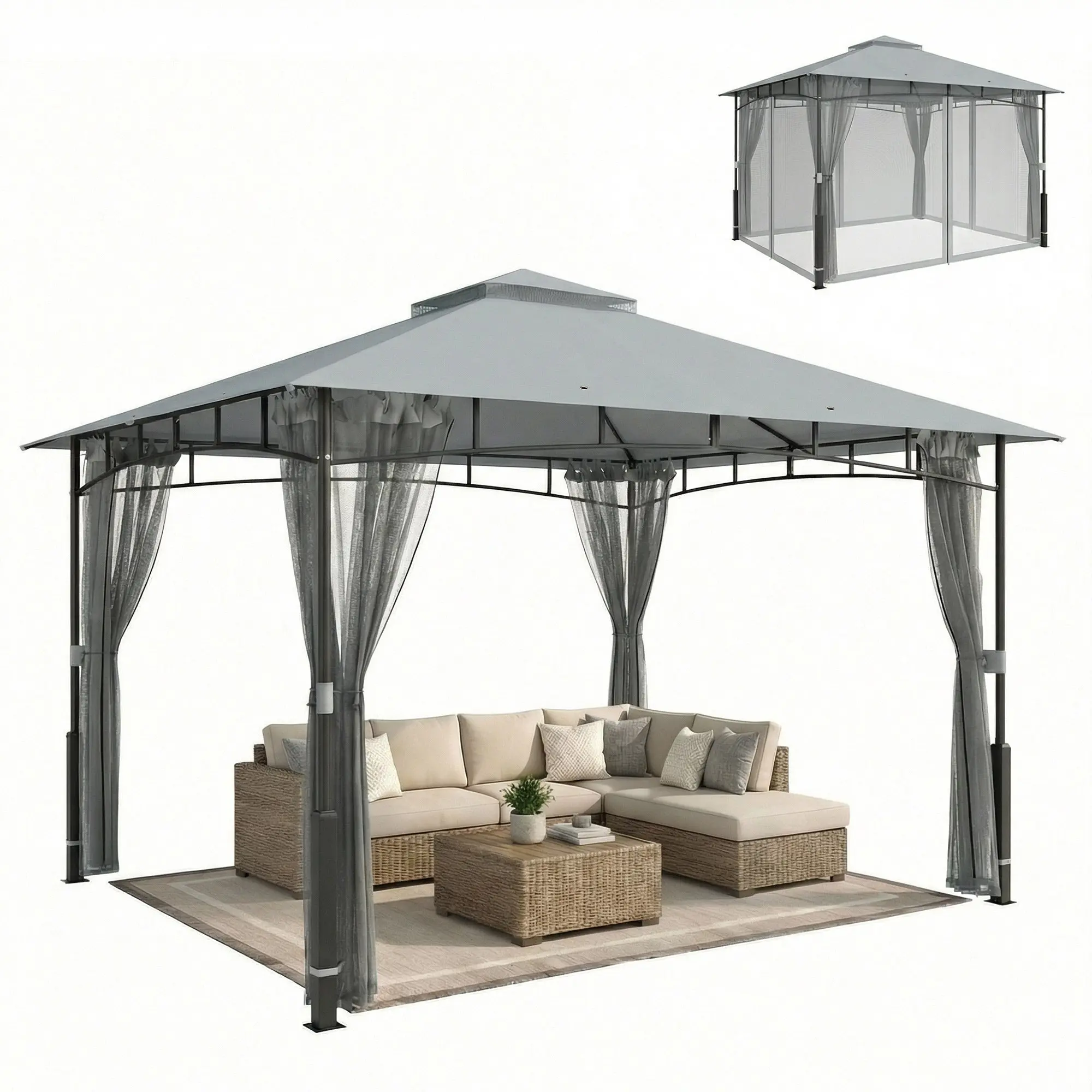Garden Gazebo 3.6 x 3.0 m (12' x 10') — Double-Roof Pavilion with Mesh Walls, UPF50+, Metal Frame, Outdoor Canopy, Gray