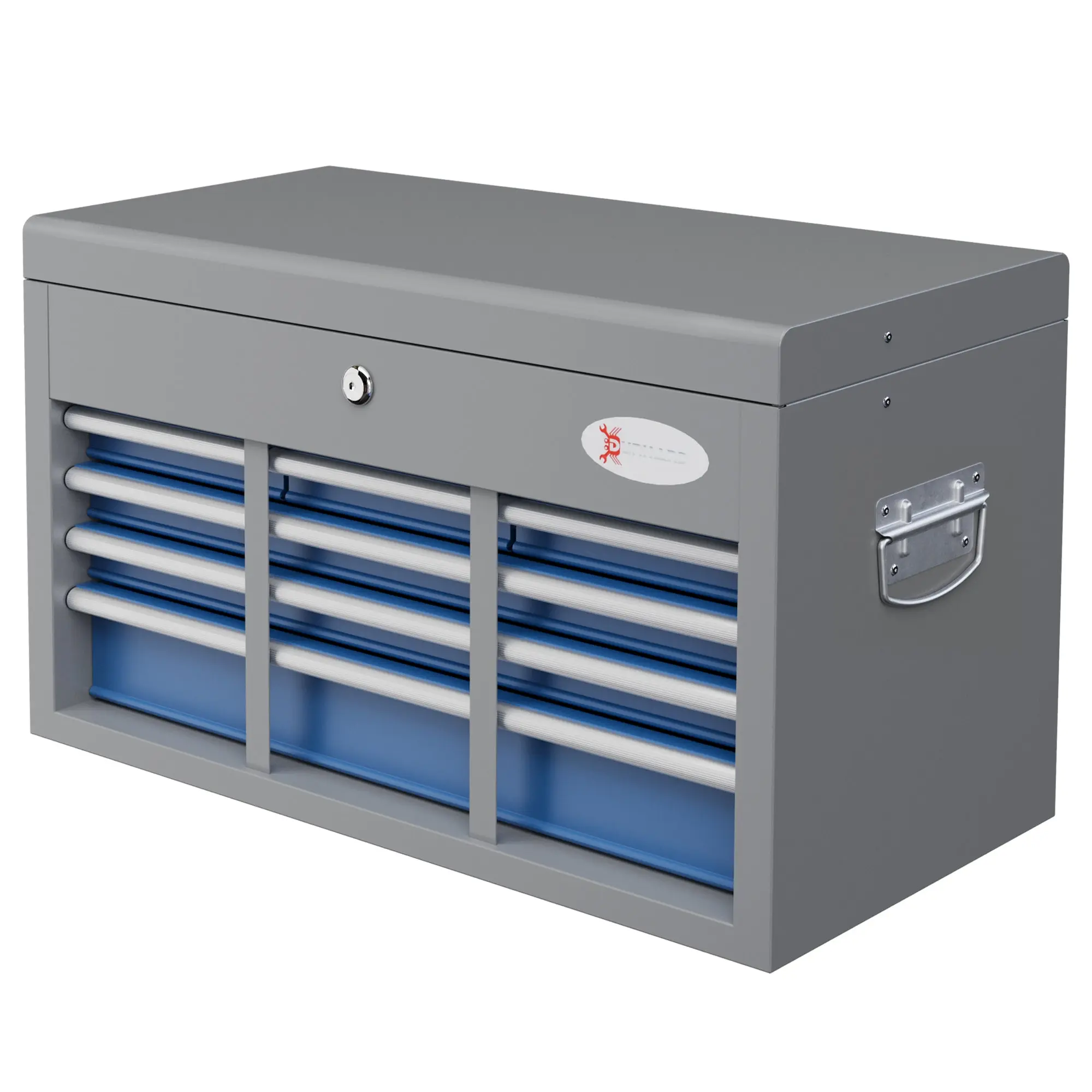 Metal Toolbox with 6 Drawers and 1 Upper Tray, Lockable with 2 Provided Keys, 2 Handles, Blue