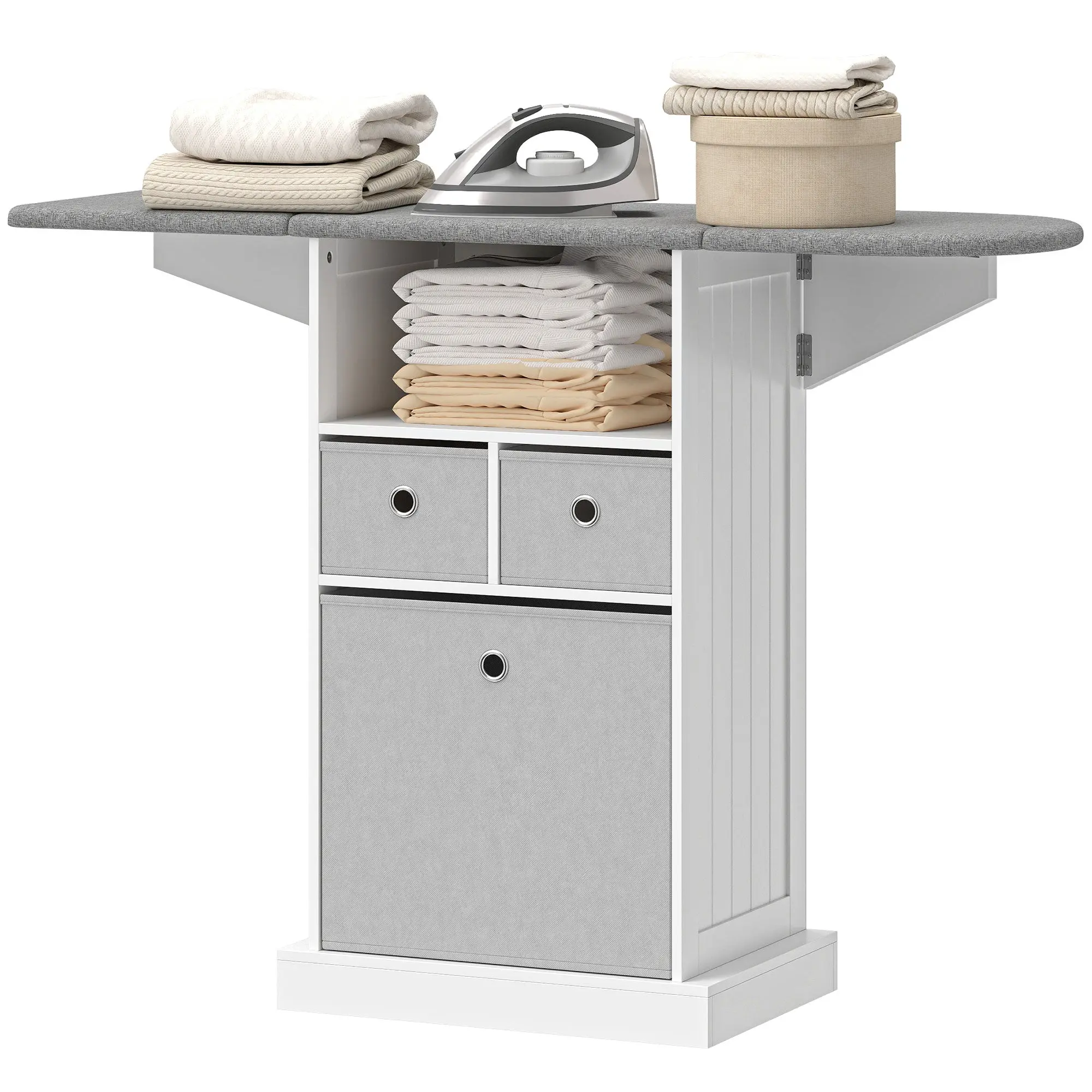 Ironing Cabinet with Foldable Board, 3 Fabric Drawers & Wheels — White
