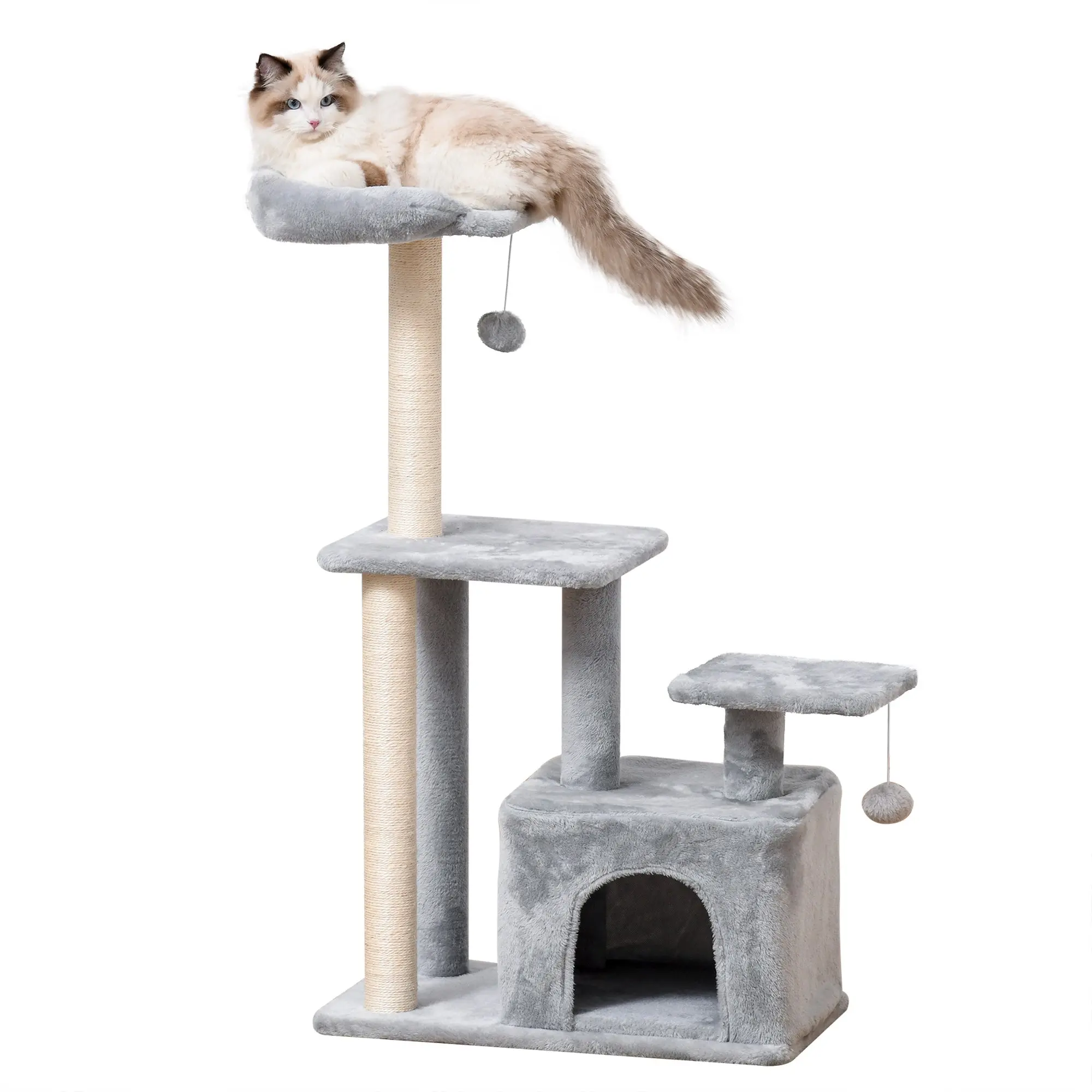 114cm Height Cat Scratching Tree Cat Tower with Sisal Posts 3 Platforms Cozy House and 2 Hanging Balls Light Gray