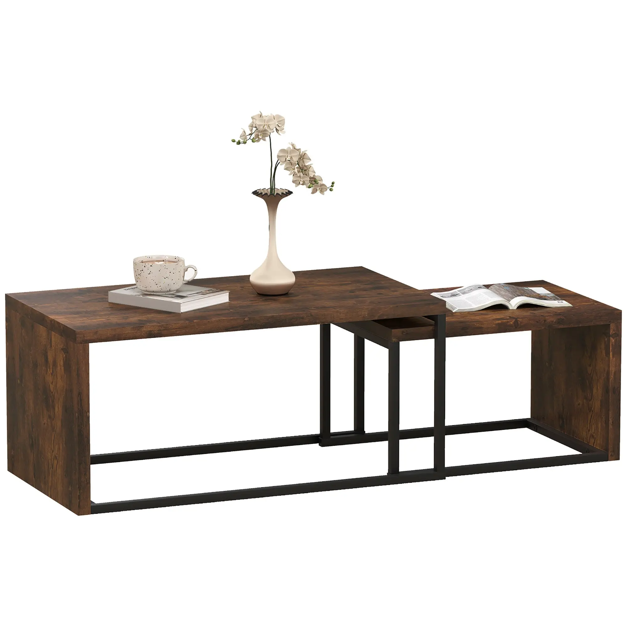 2-Piece Coffee Table Set Living Room Table with Metal Frame, Coffee Table End Table for Living Room Bedroom, Rustic Brown