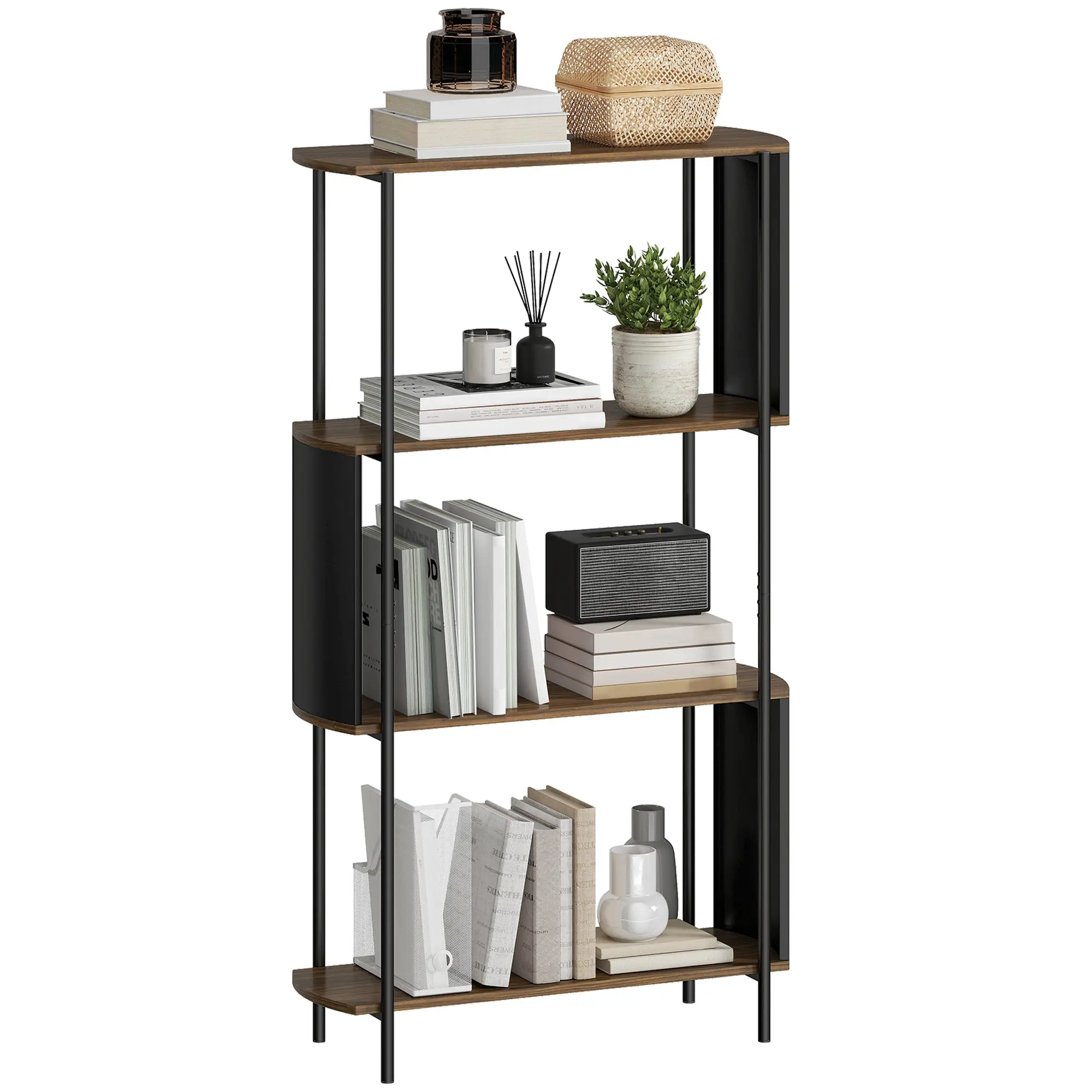 4-Tier Storage Shelf, 4-Shelf Bookcase with Curved Side Panels, Industrial Style Steel Frame Storage Unit for Office, Living Room, Bedroom — 31.5 x 11.8 x 55.5 in (80 x 30 x 141 cm), Brown