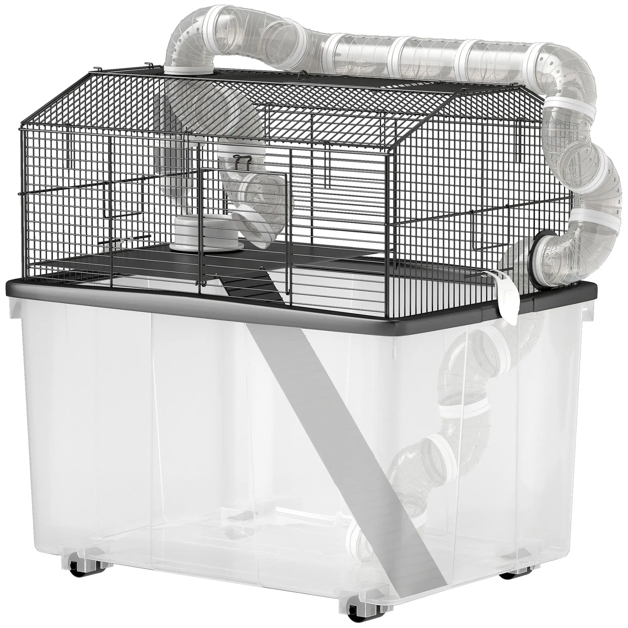 Hamster Cage, Hamster Cage with Ramp, Bowl, Water Bottle, Tube System, 58 x 43 x 57 cm, Black