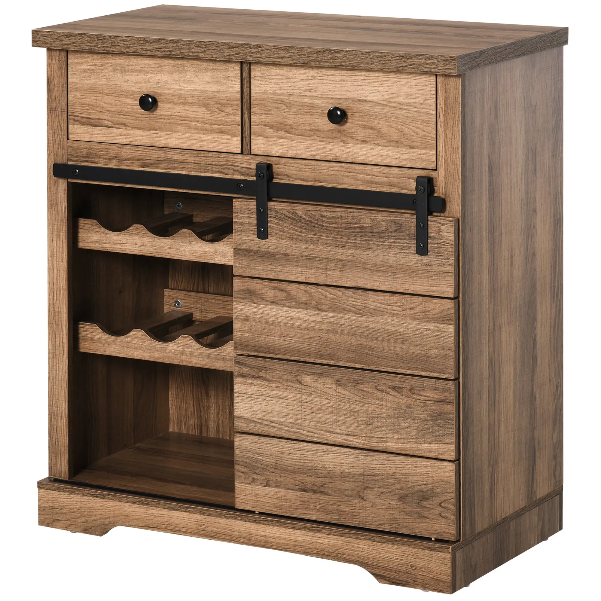 Sideboard with 2 Drawers, Open Shelves, and Wine Rack, Rustic Kitchen Cabinet in Wood and Metal, 80x39x86 cm, Wood color