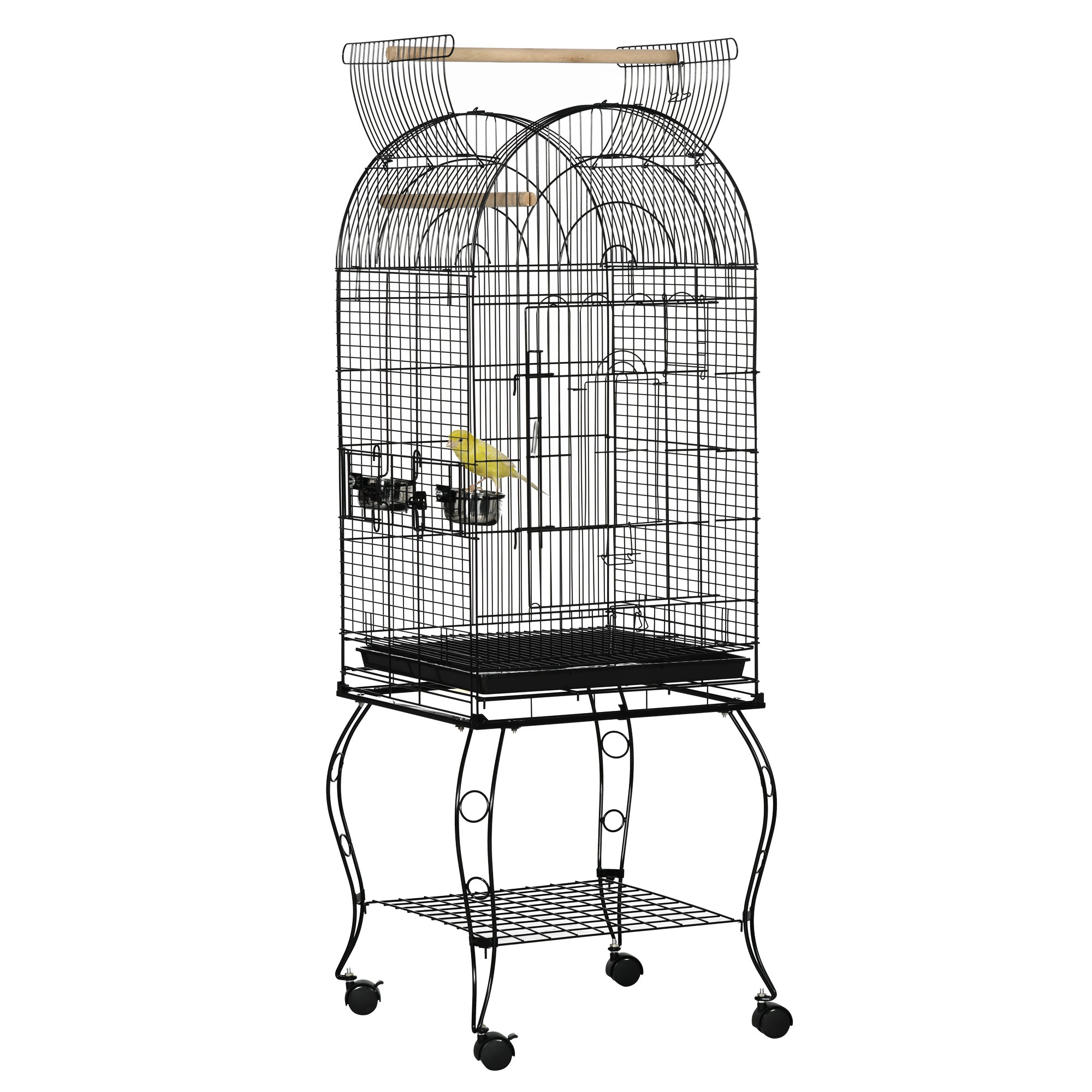 PawHut Lindu Aedik Seisva ja Rattaga Suur Terasest Aedik Eemaldatava Kandikuga 4 Uks ja 2 Toidukaussi Papagoidele ja Makaaidele 51x51x153 cm Must