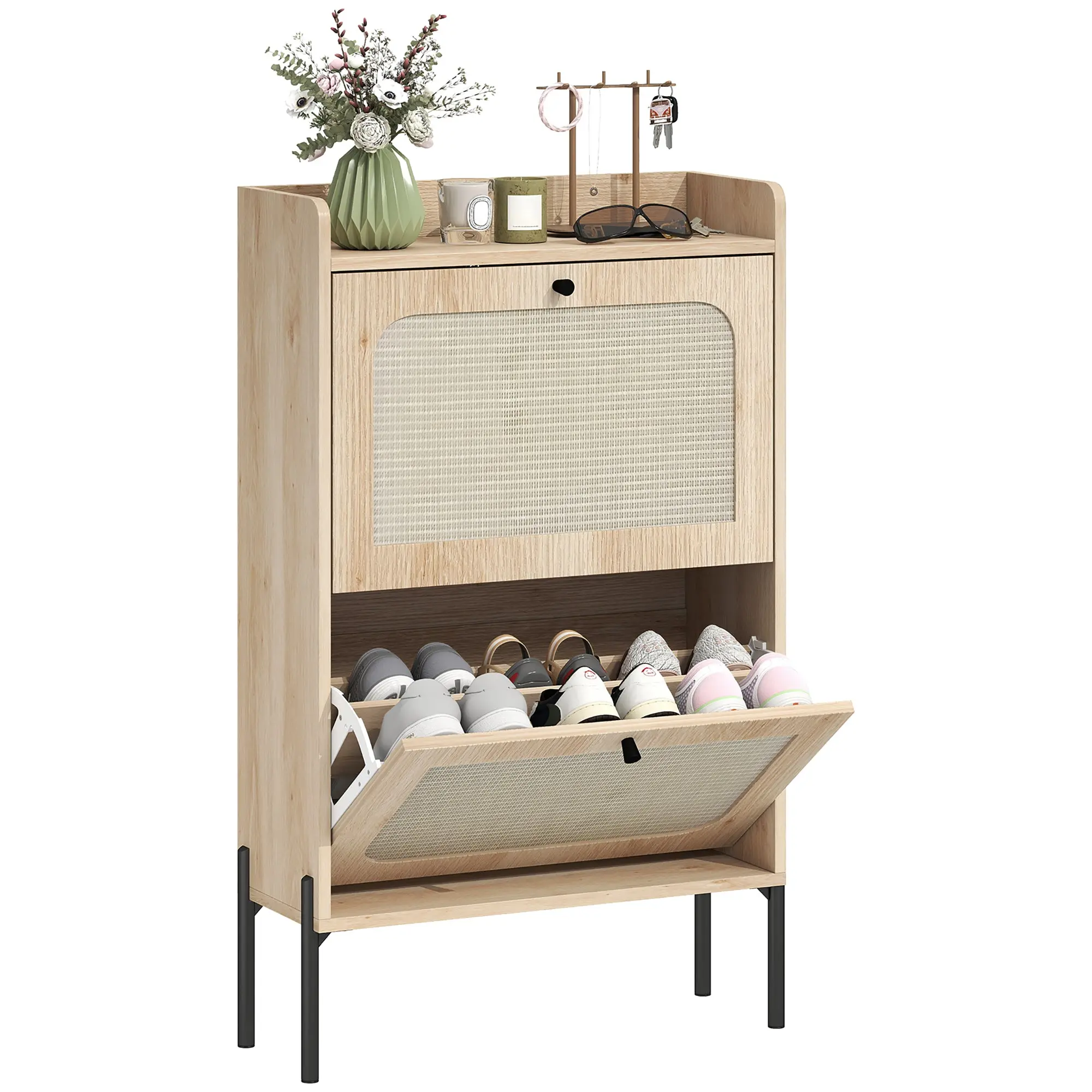 12-Pair Shoe Cabinet, Slim Tilt-Out Shoe Storage with 2 Drawers, Rattan Doors & Adjustable Shelves, Boho Oak, 60 x 23.7 x 99.5 cm (23.6 x 9.3 x 39.2 in)