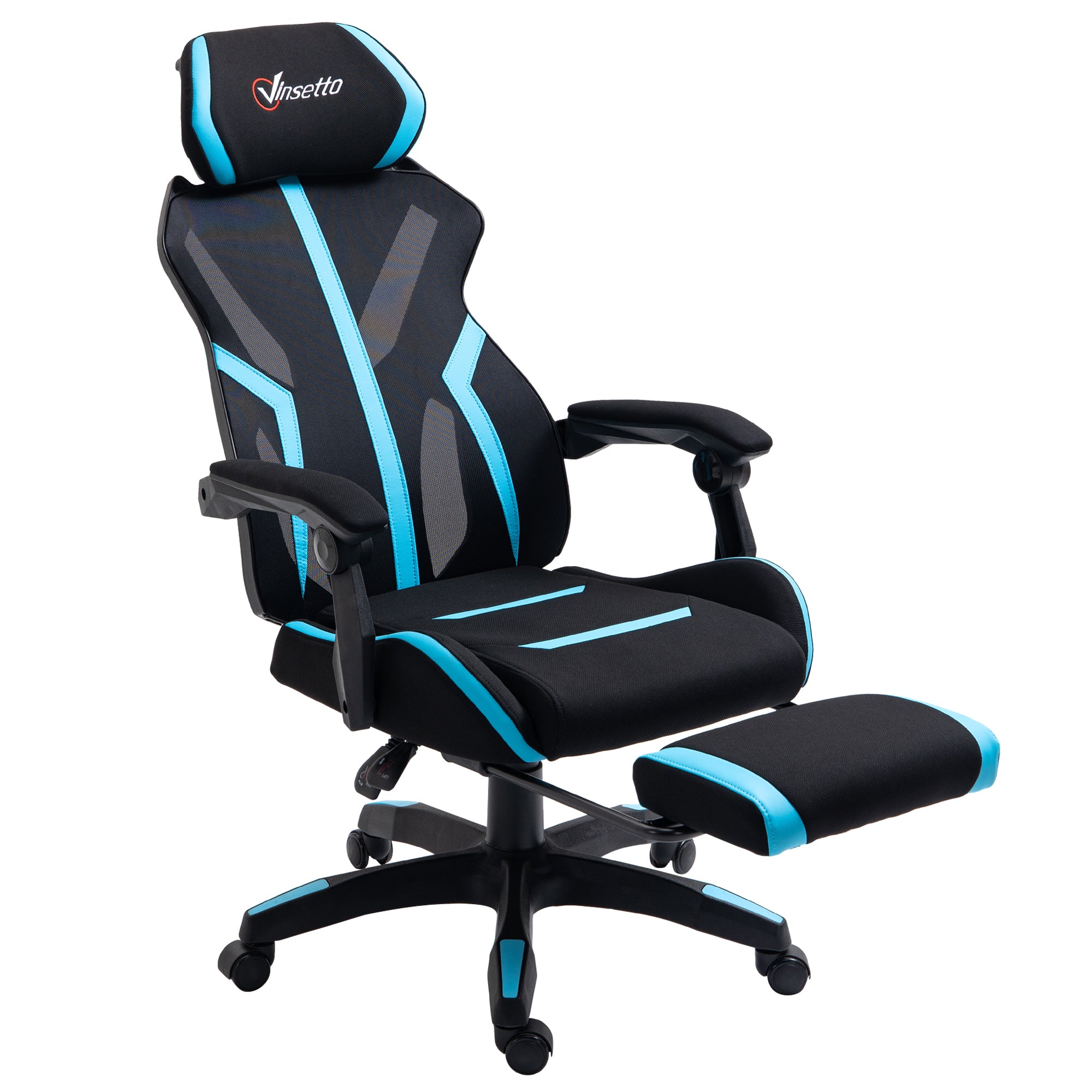 Gaming Chair with Retractable Footrest Reclining Swivel Office Chair with Headrest and Height Adjustable 65x65x119-129 cm Black and Blue