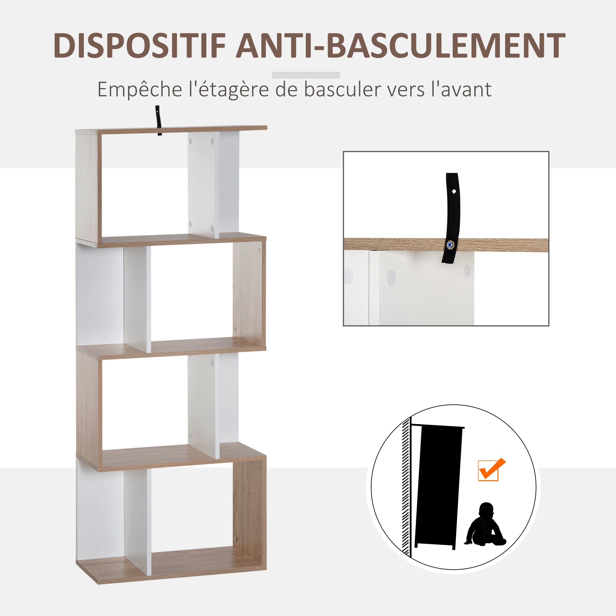 HOMCOM Moderne S-förmige Bücherregal Aufbewahrungseinheit mit 4 Regalen 60L x 24B x 148H cm Eiche Weiß