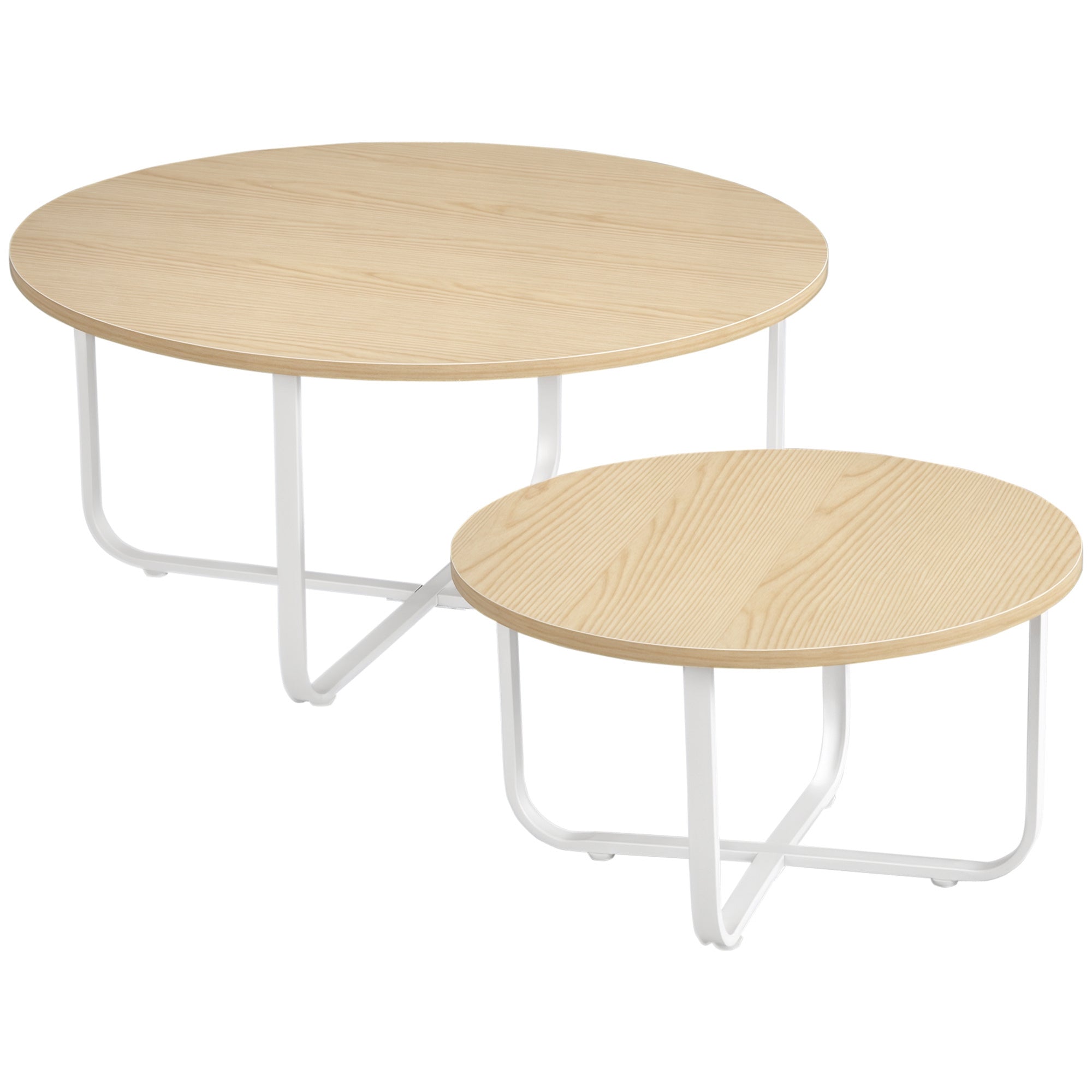 HOMCOM Set med 2 runtaktabeller Ø65x32 cm och Ø45x26 cm - Livsrumstabeller med träskiva och metallben för sovrum, naturligt och vitt
