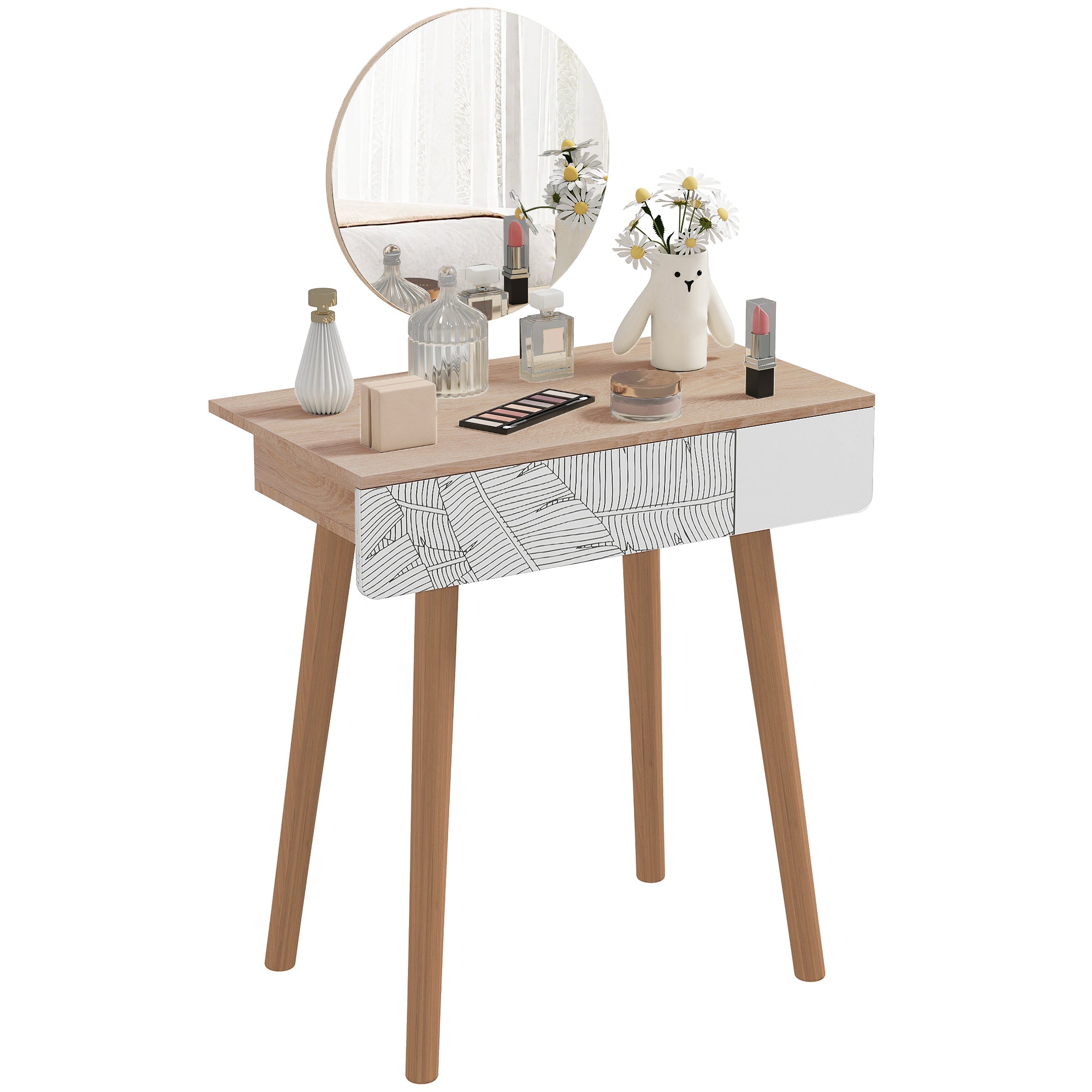 HOMCOM Make-up-Tisch mit runder Spiegelfläche Ф39cm, Schminktisch mit Schublade und Dschungel-Dekoration, Weiß und Eiche, 70x39x119-128cm