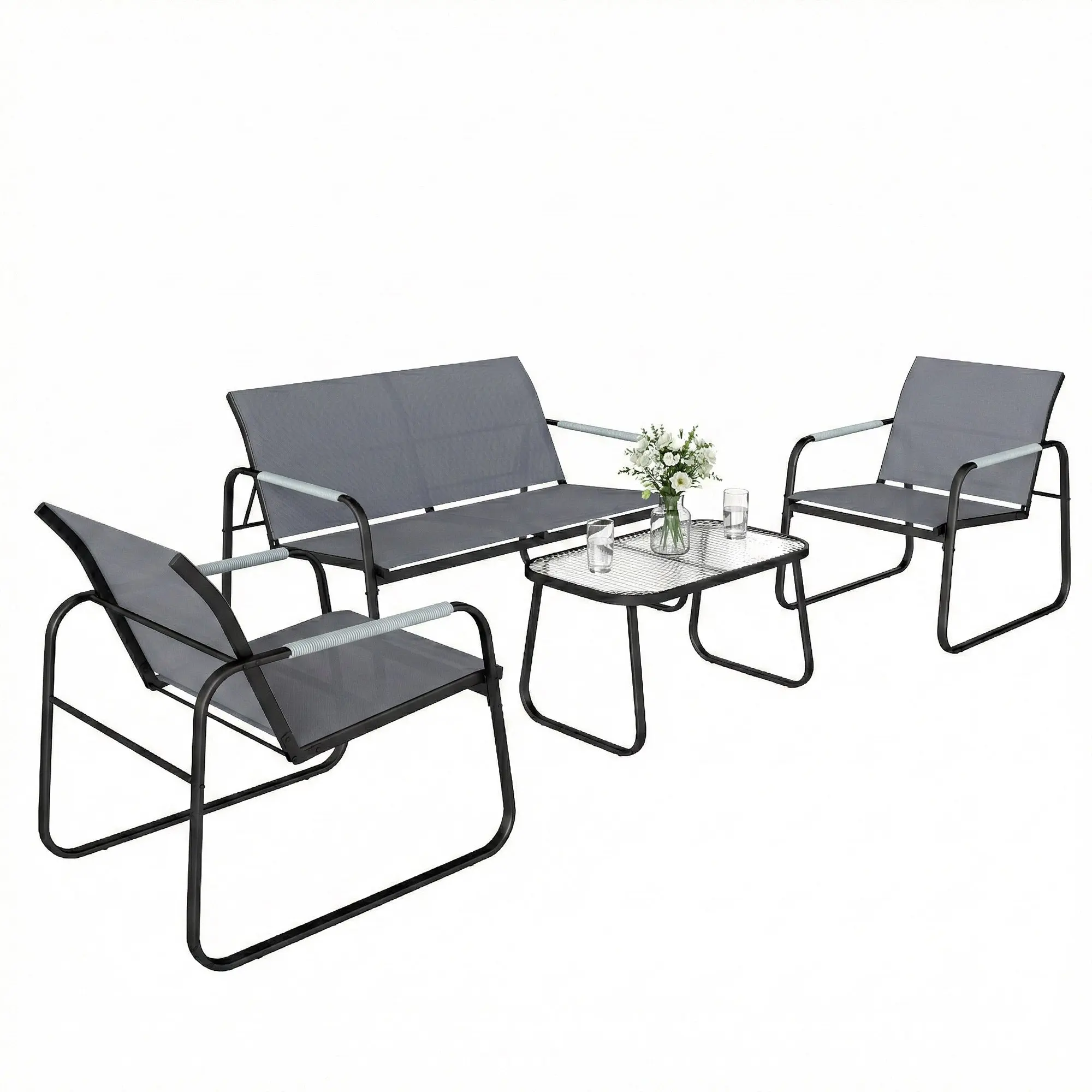4-Piece Outdoor Patio Furniture Set — 2-Seater Sofa, 2 Armchairs & Tempered Glass Coffee Table, Galvanized Steel Frame & Breathable Textilene, Gray
