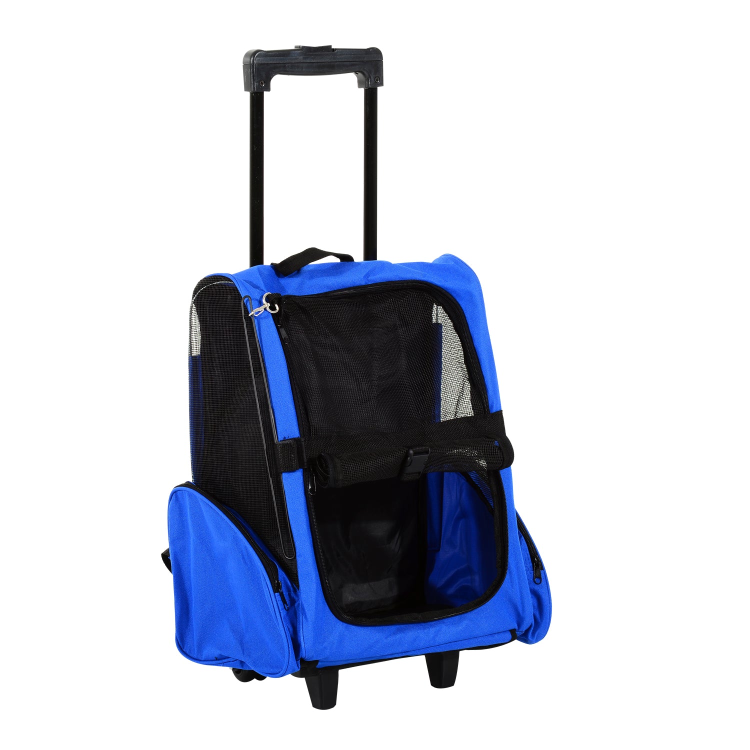 PawHut 2-in-1 Déngen Trage Rucksäck oder Reisewagen fir Honds an Kaz mat 2 Rieder, Réckzuch Aluminiumhandgrëf, a Säck 42x25x55 cm Blo