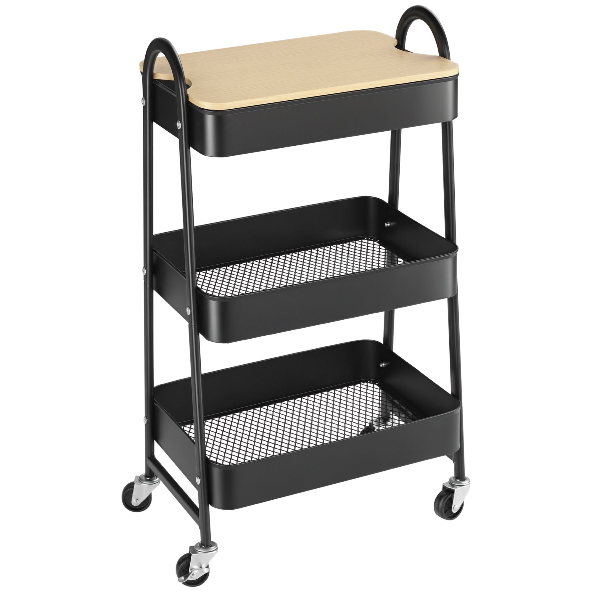 HOMCOM 3-stufiger mobiler Servierwagen mit 3 Stahlkörben und 1 Abdeckplatte für Esszimmer und Badezimmer, 45x31x79.5 cm, Schwarz